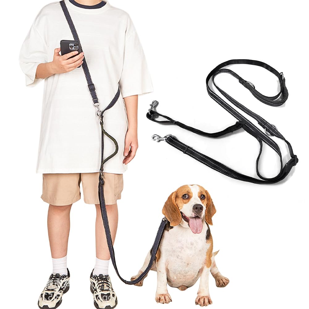 Hands-Free Dog Leash with Traffic Handle - Adjustable Double Leash for Two Dogs - Multifunctional Crossbody Running Belt for Large, Medium & Small Dogs - Perfect for Jogging, Hiking & Daily Walks