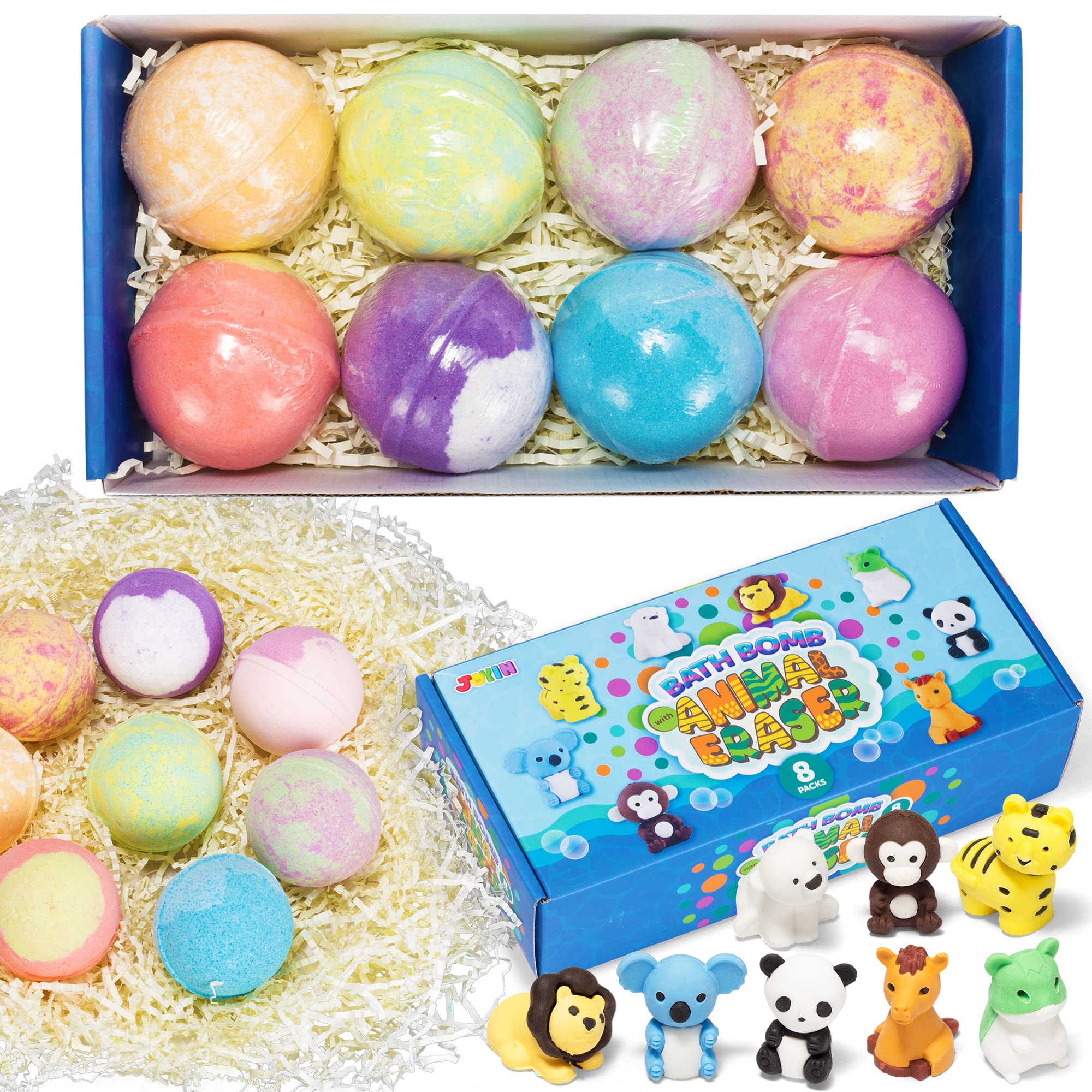 JOYIN 8-Pack Animal Eraser Bath Bombs for Kids with Surprise Toys | Natural Essential Oil SPA Fizzies | Easter Birthday Gifts for Boys & Girls | Fun Bubble Bath Time for Kids' Relaxation & Play