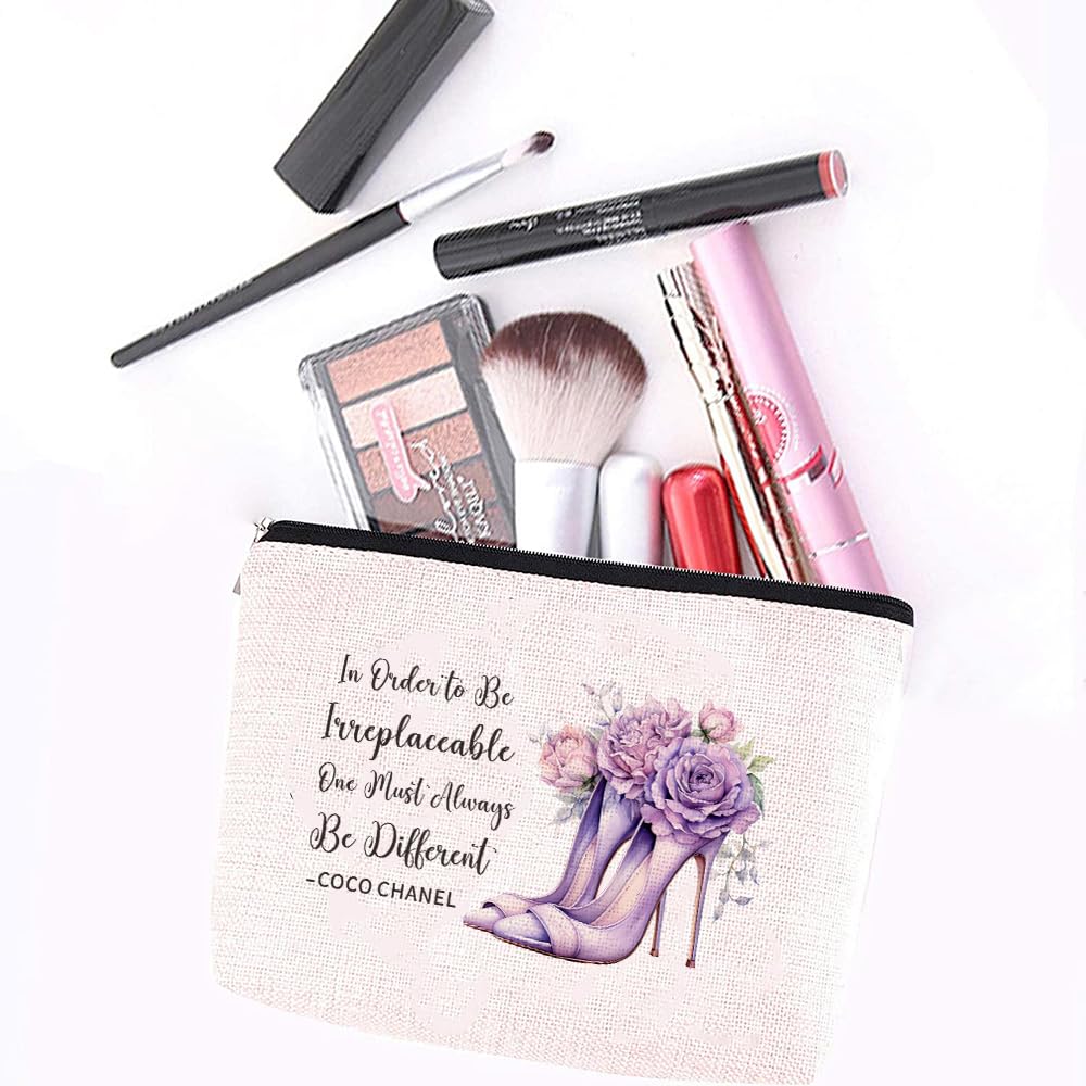 Coco Chanel Quotes Makeup Bag for Women - Waterproof Linen Cosmetic Pouch, Travel Toiletry Bag with Inspirational Quote 'To Be Irreplaceable, One Must Always Be Different' - Perfect for Travel, Gym, and Daily Beauty Essentials