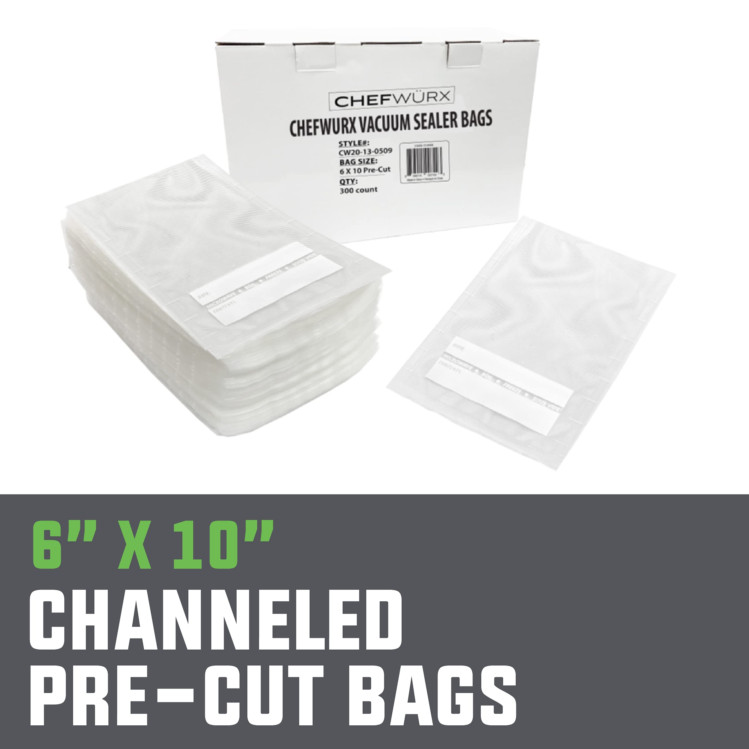 Chefwurx Pre-Cut Vacuum Sealer Bags - 300 BPA-Free Food Storage Bags (6