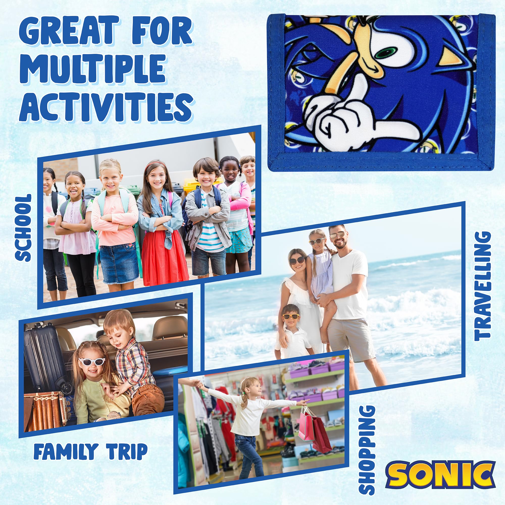 Sonic The Hedgehog Wallet for Kids - Boys and Girls Trifold Canvas Purse with Hook & Loop Closure, Zip Pocket & Coin Holder - Perfect for School, Travel, and Everyday Use