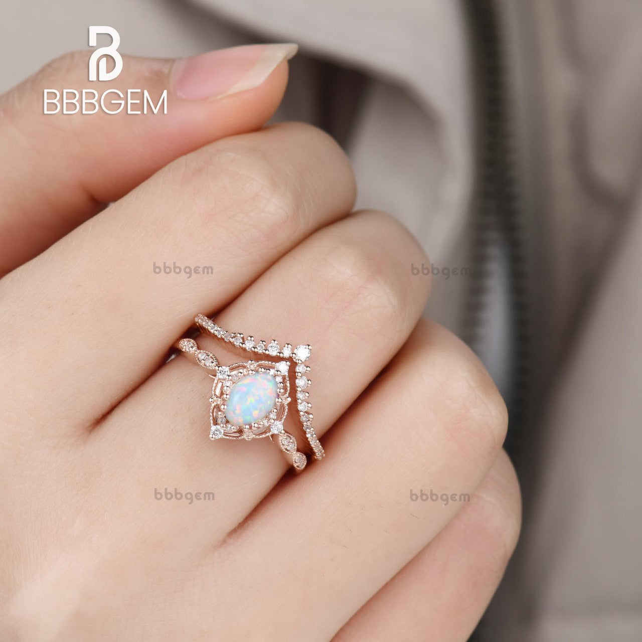 Vintage Art Deco Opal Bridal Ring Set - Oval Opal Engagement Ring with Rose Gold & Diamonds - Wedding & Anniversary Gift for Her - Perfect for Proposals, Bridal Jewelry & Special Occasions