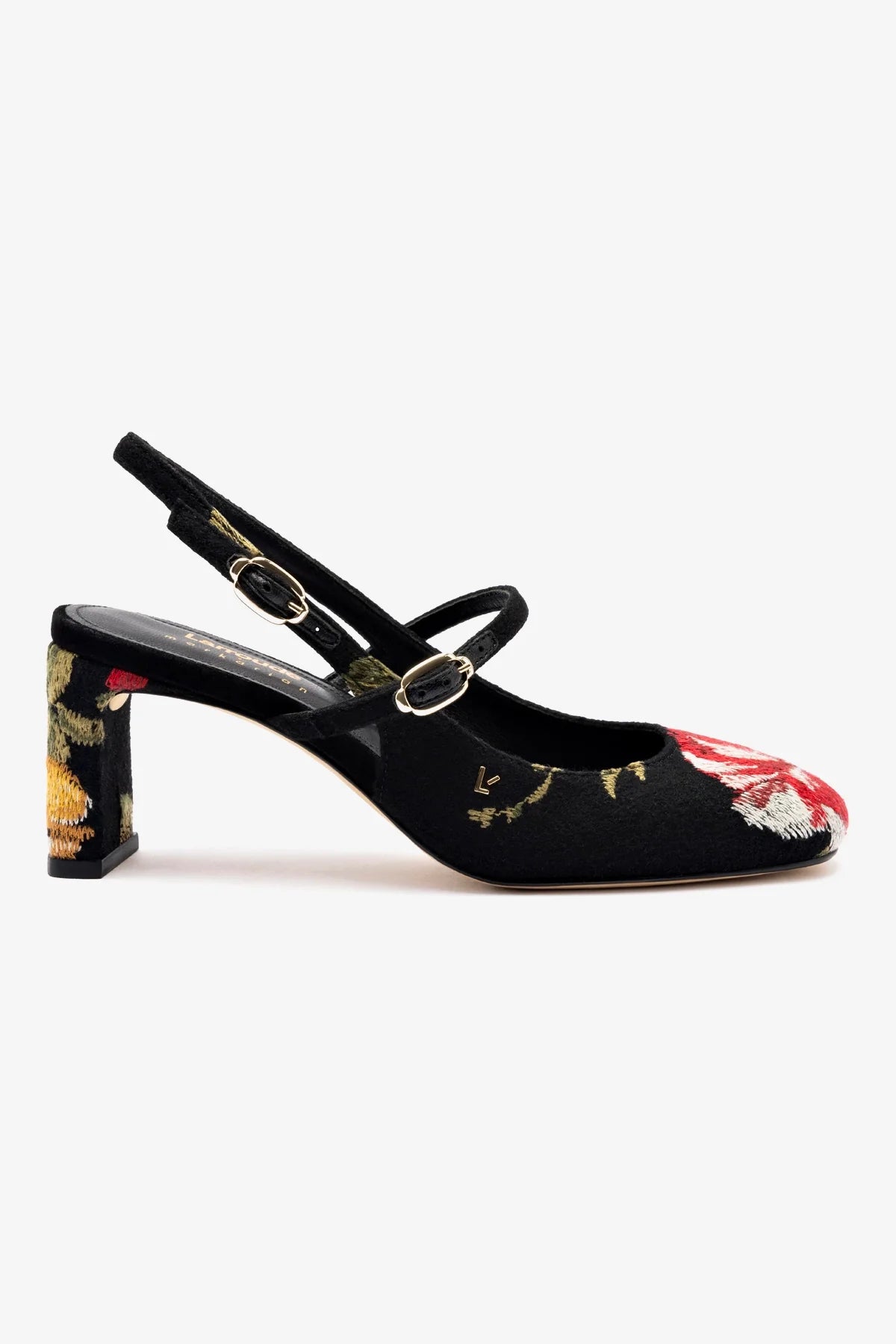 Larroudé x Markarian Black Wool Pump with Floral Embroidery - Elegant Women's Dress Shoes for Weddings, Parties & Special Occasions