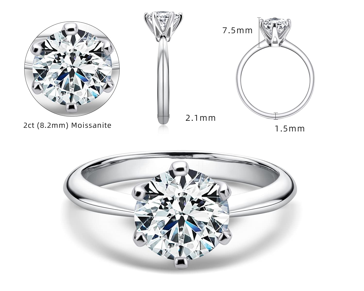 0.5/1/2/3 Carat Moissanite Engagement Ring for Women - 925 Sterling Silver Solitaire Round Cut Wedding Band, D-E Color Grade Anniversary Jewelry Gift for Her - Perfect for Proposals, Weddings, Anniversaries & Special Occasions