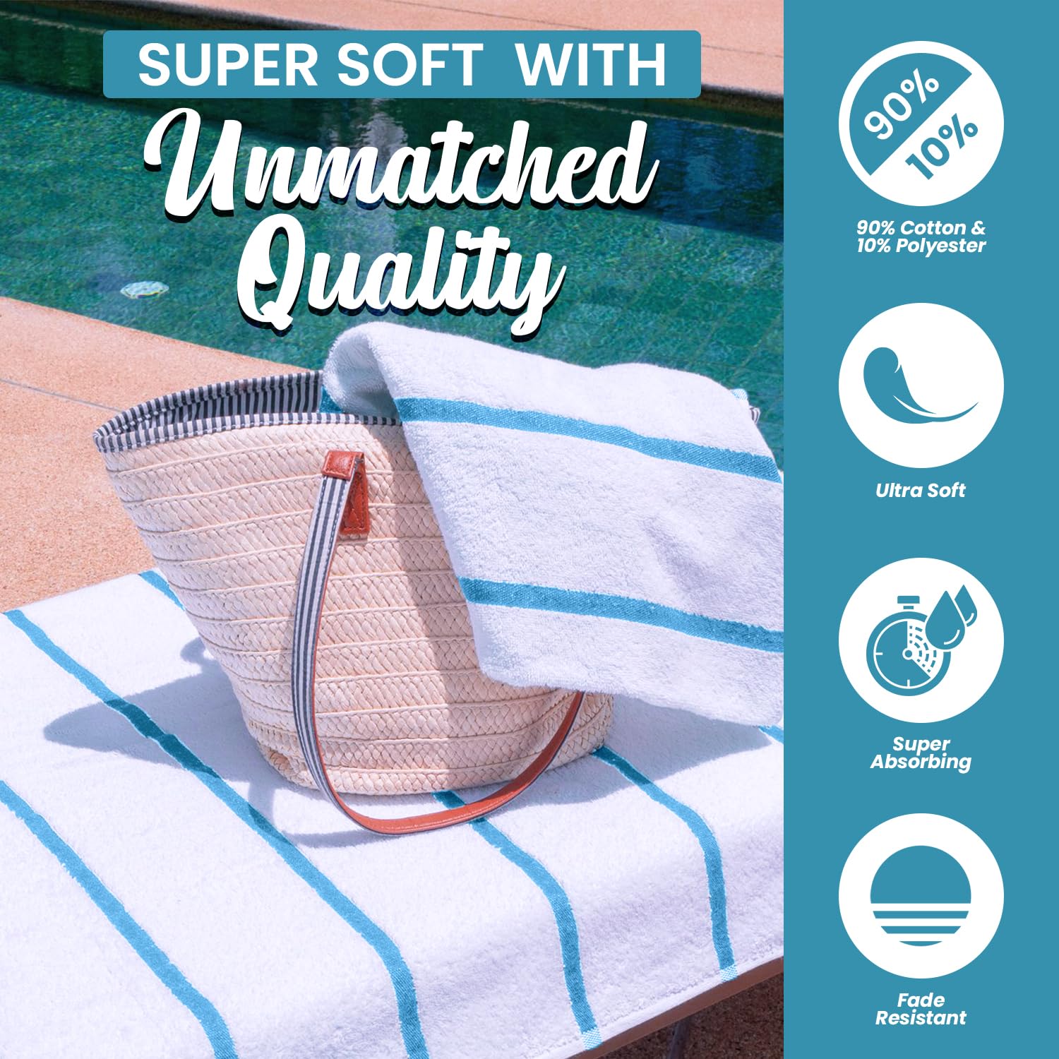 Belem Aqua Blue Horizontal Stripe Oversized Pool Towels Bulk 30x60 Inches - 60 Pack Quick-Drying Beach Towels for Spa, Hotel & Home Use - Ultra Absorbent Bath Sheets - Soft & Durable Bulk Towels for Swimming Pool, Beach Vacation, Gym and Yoga Sessions