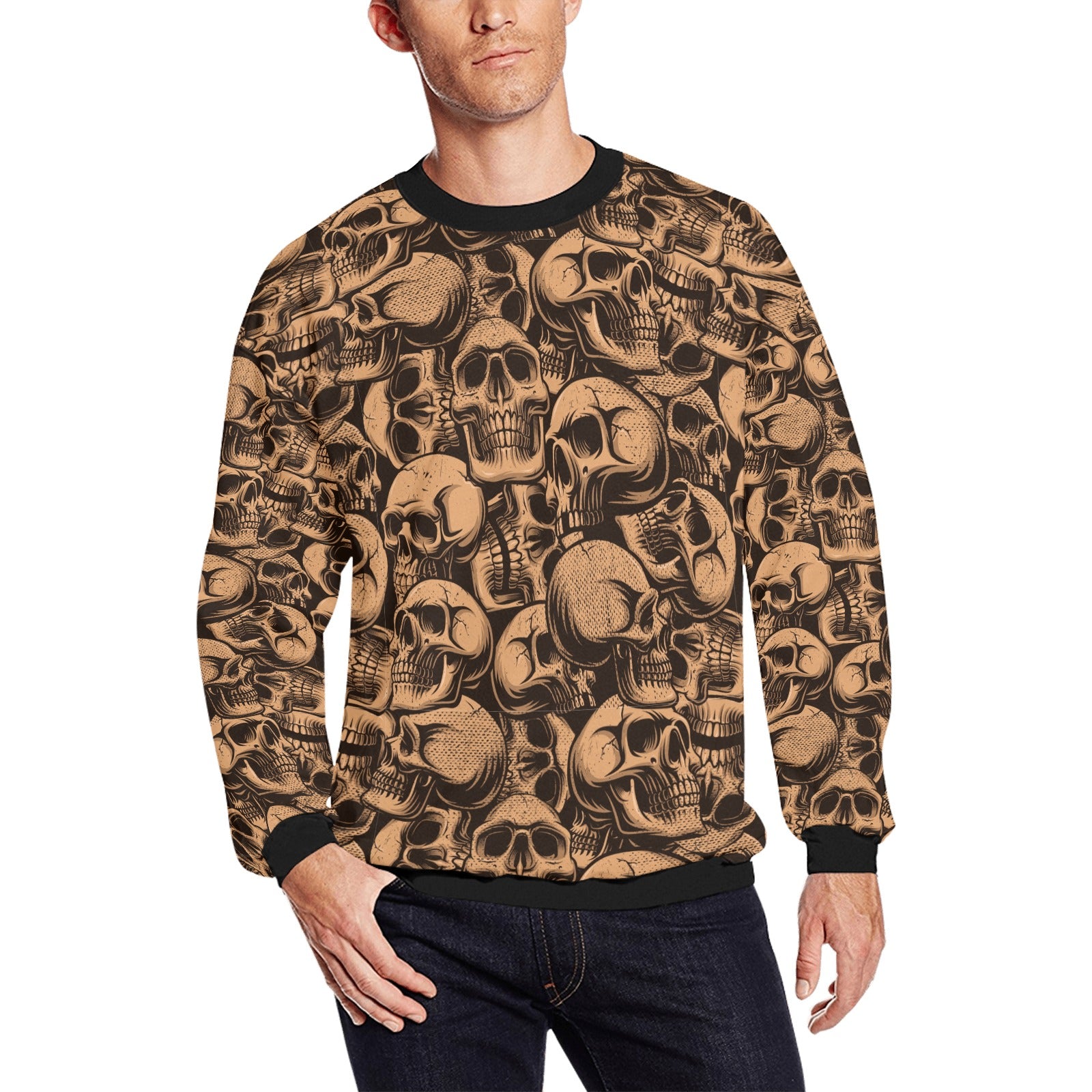 Bronze Skulls Men's Crew Neck Sweatshirt - Gothic Streetwear Pullover for Casual Outfits & Halloween Costumes