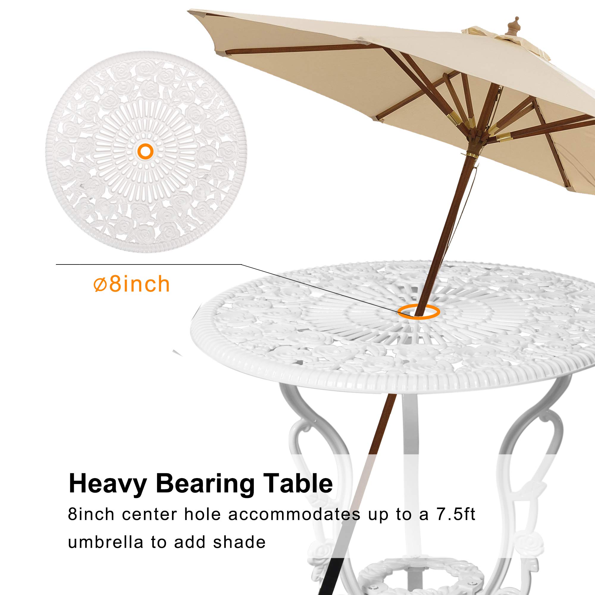 Homefun 3-Piece Outdoor Bistro Set - Rose White Cast Aluminum Patio Table & 2 Chairs for Garden, Balcony - All-Weather Rust-Resistant Dining Furniture (Perfect for Morning Coffee, Small Space Entertaining & Apartment Decor)
