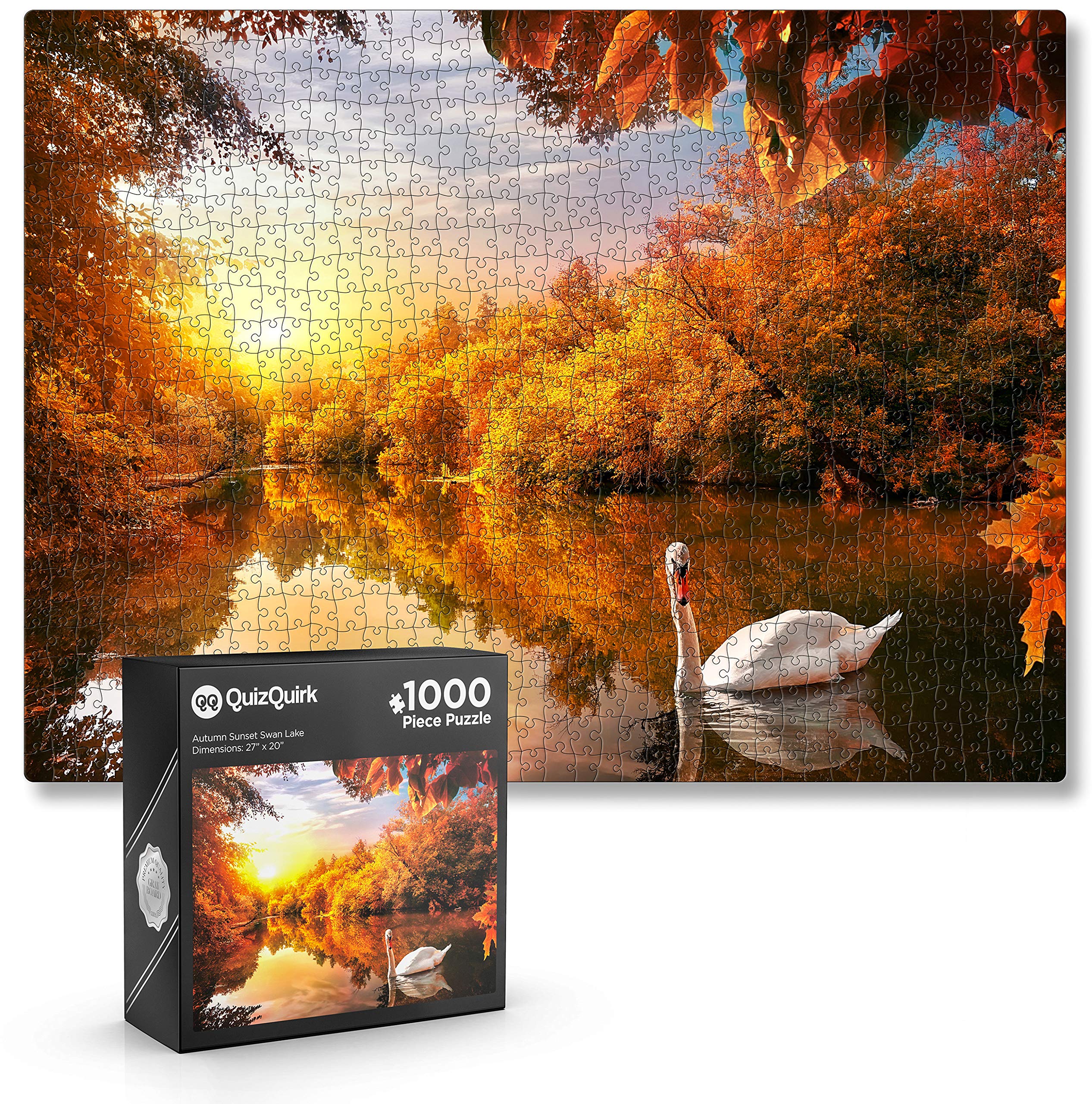 QuizQuirk 1000 Piece Jigsaw Puzzle - Autumn Swan Lake Landscape Puzzle for Adults & Teens | Challenging Puzzle with Puzzle Saver Kit | Perfect for Family Game Night, Stress Relief & Home Decor