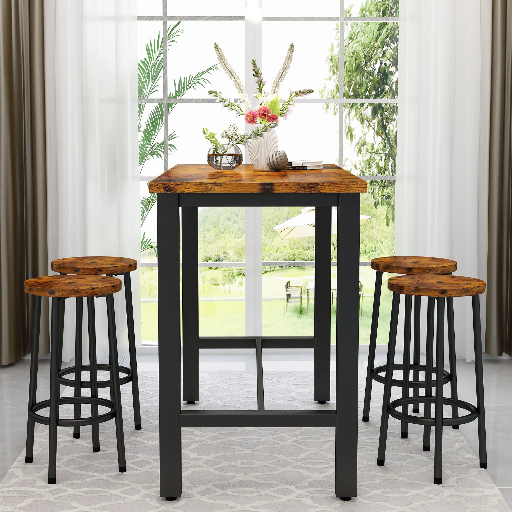 AWQM 4-Piece Industrial Counter Height Dining Table Set with Stools - Brown Kitchen Breakfast & Pub Table for Living Room, Bar, Restaurant & Home Decor