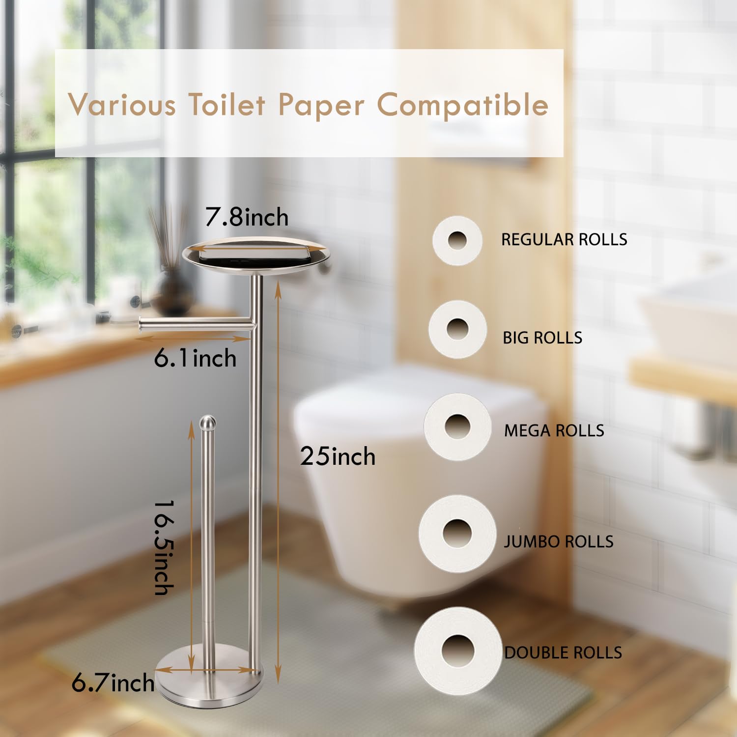 Freestanding Toilet Paper Holder with Large Shelf - 4 Roll Storage Stand, Modern Bathroom Organizer with Phone Storage Space (Brushed Nickel) - Perfect for Bathrooms, Powder Rooms & RVs