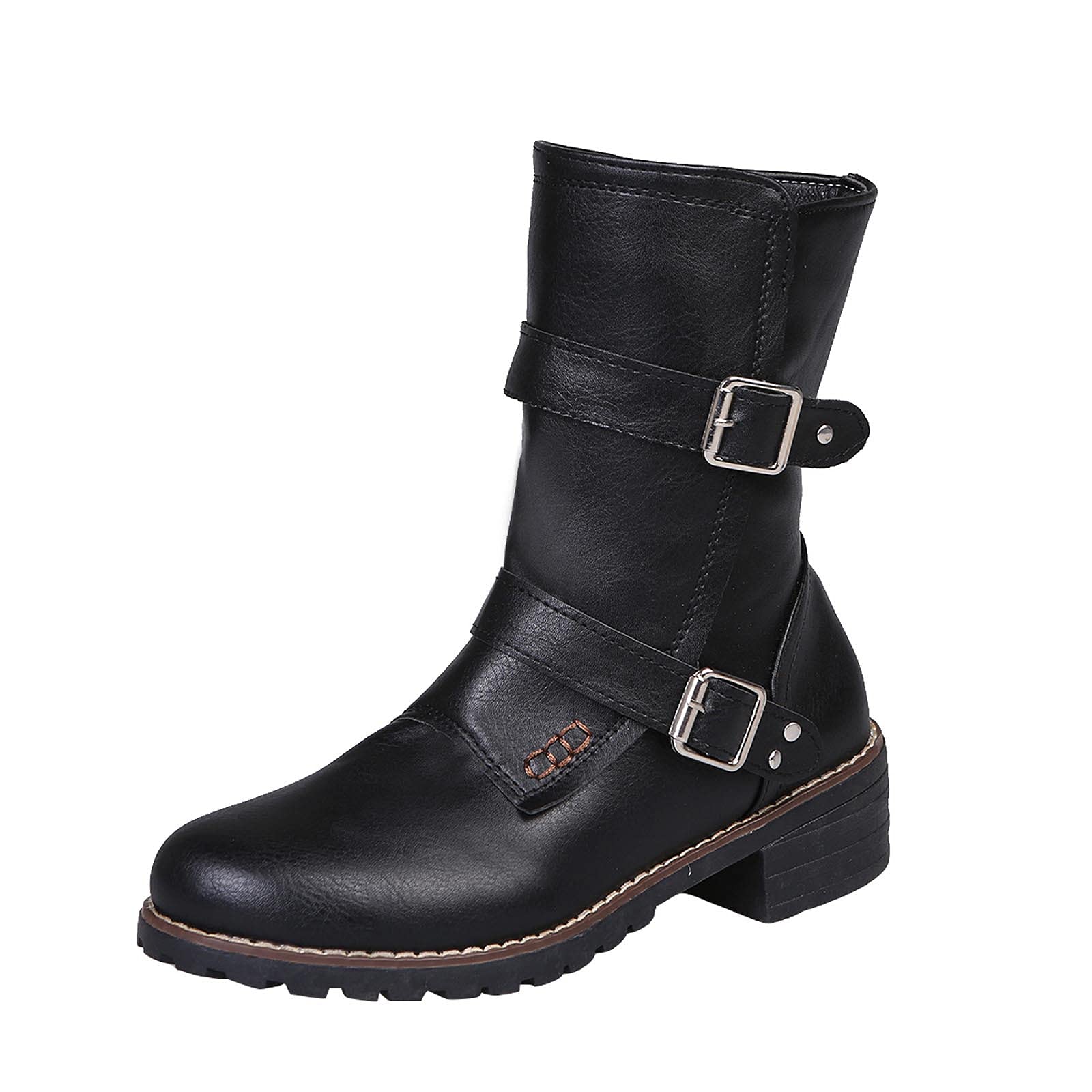 **Vintage Chunky Heel Boots for Women – Double Buckle Strap, Side Zipper, Round Toe Mid Calf Boots – Retro Comfortable Casual Ladies Shoes for Fall, Winter & Everyday Outfits**