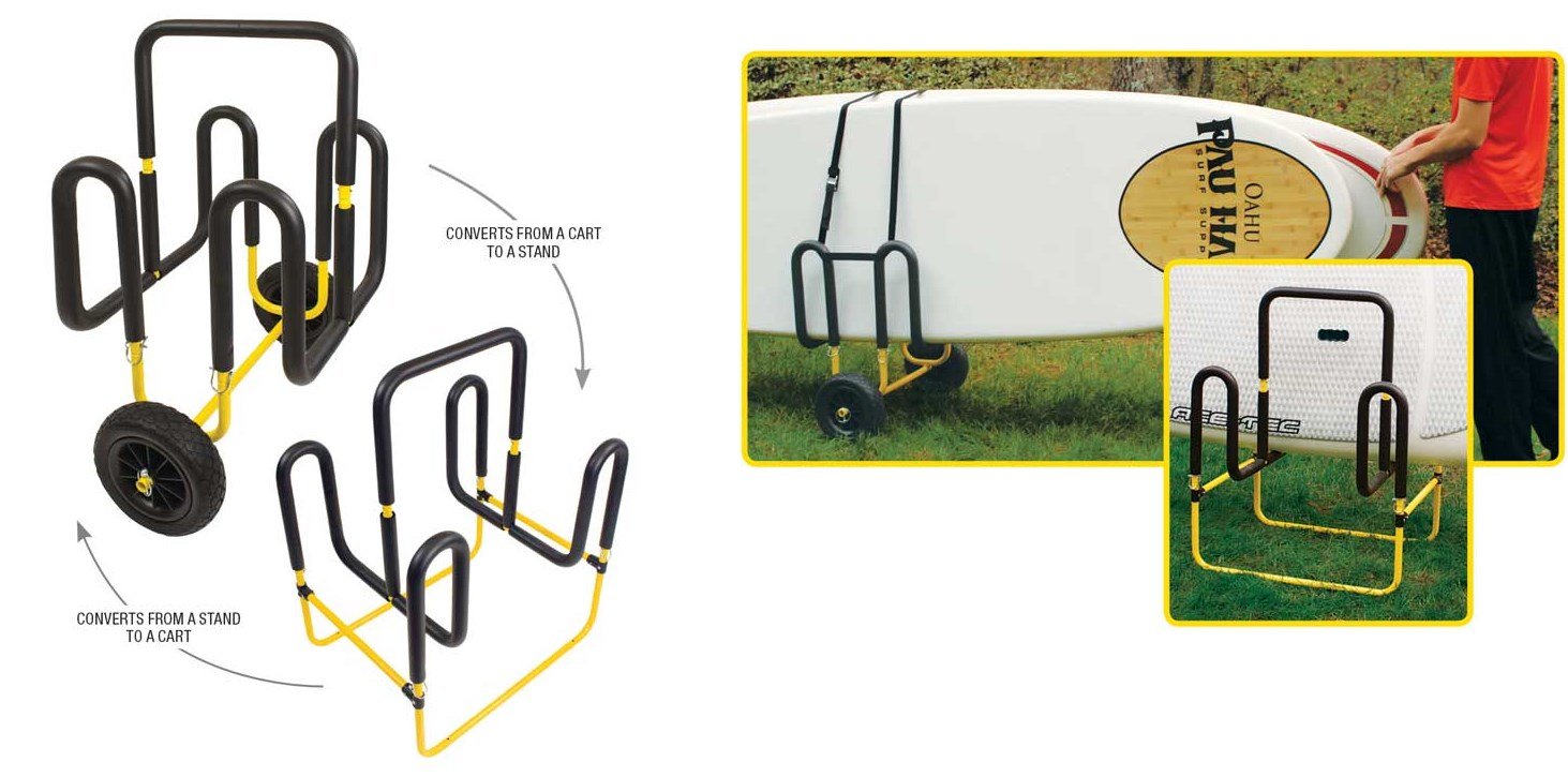 Suspenz Stand Up Paddle Board Cart & Stand - Double SUP/Surfboard Carrier & Trolley Convertible to Storage Rack for 2 Boards - Yellow (22-9935) - Perfect for Beach, Lake & Water Sports Transport