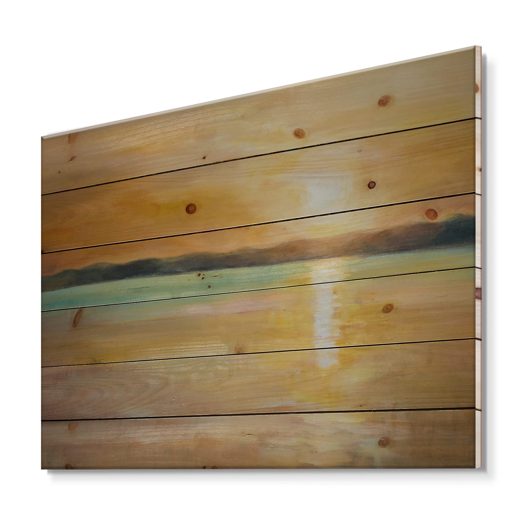DesignQ Yellow Sunset At The Horizon Nautical Coastal Wood Wall Art - Large Beach Wood Panel Decor Printed on Natural Pine - Perfect for Coastal Living Rooms, Beach House Decor & Ocean-Themed Bedrooms