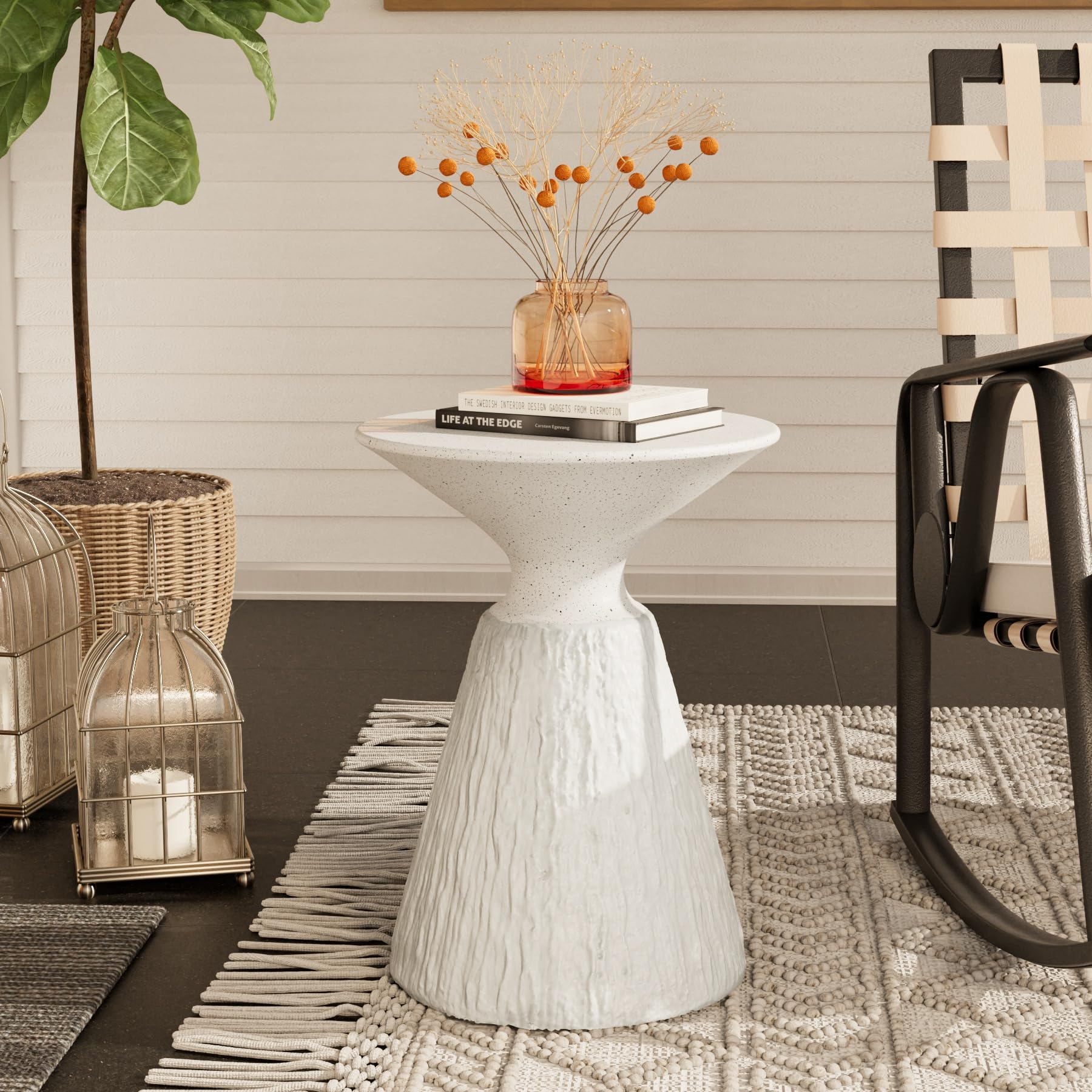 Lightweight Mushroom Shaped MgO Outdoor Side Table - Round Base Patio End Table & Plant Stand for Garden, Deck, Balcony - Spotted White Accent Table for Outdoor Relaxation & Decor