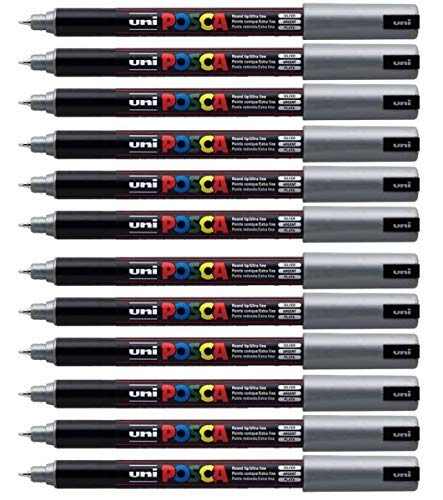 Uni Posca PC-1MR Silver Paint Marker Pens - Ultra Fine 0.7mm Tip for Glass, Metal, Plastic, Fabric, Wood & Stone - Pack of 12 - Perfect for DIY Crafts, Signage, Home Decor & Art Projects