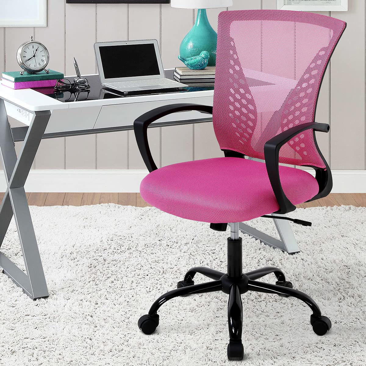 Ergonomic Pink Office Chair with Lumbar Support - Adjustable Height Mesh Computer Desk Chair with Armrests for Women & Men - Perfect for Home Office, Gaming, and Workspace Comfort