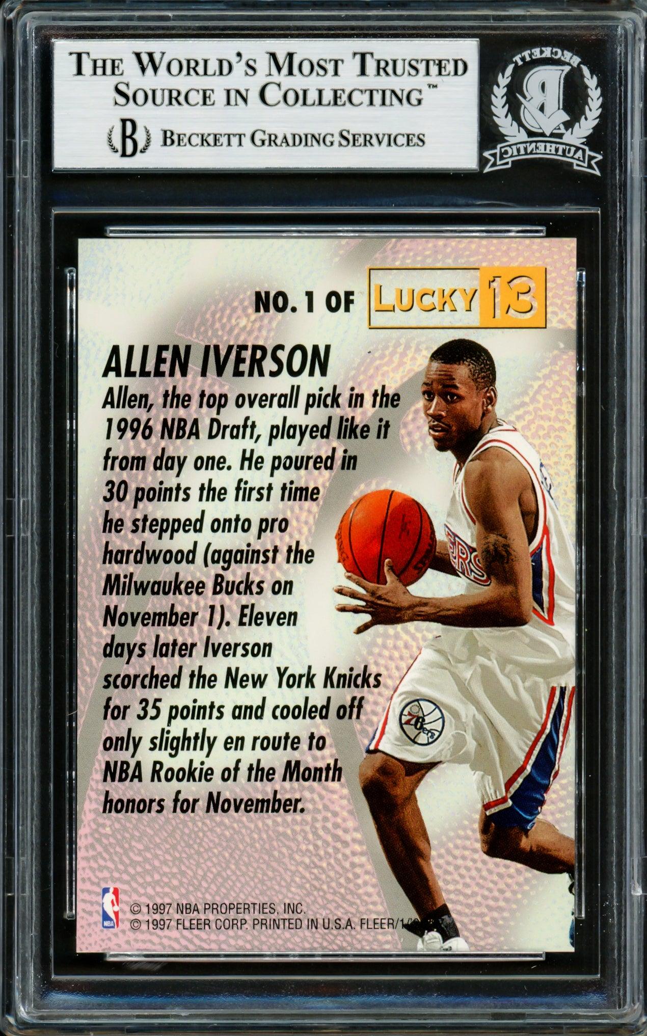 Allen Iverson Autographed 1996-97 Fleer Lucky 13 Rookie Card #1 Philadelphia 76ers Beckett BAS #14134119 - Rare Collectible Basketball Memorabilia for Fans & Investors - Perfect for Display, Gifts, and Sports Collections