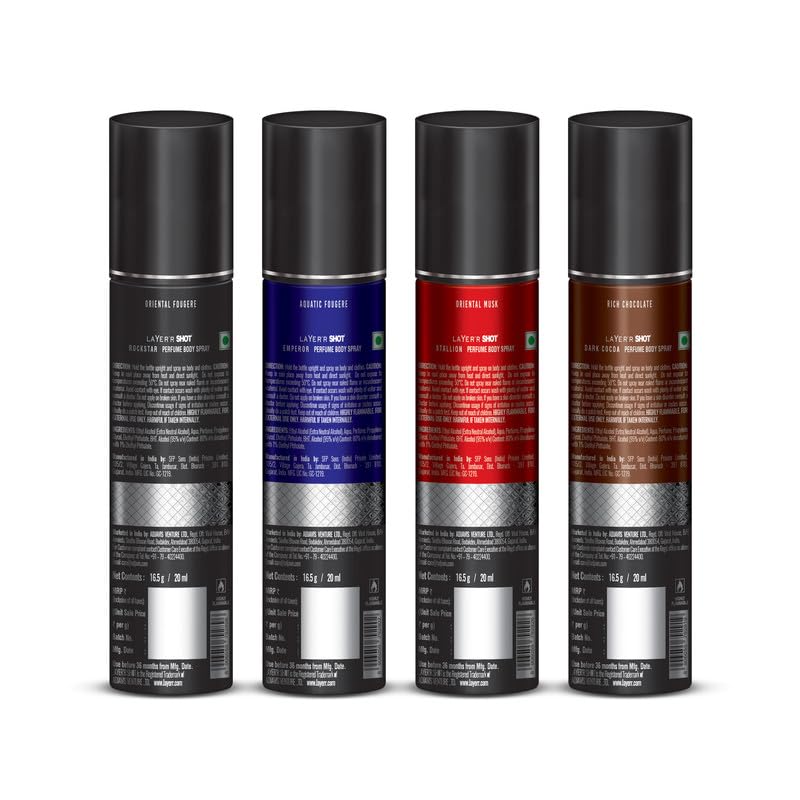 Layer'r Shot Body Spray for Men - 4 Pack (20ml Each) | Rockstar, Dark Cocoa, Emperor & Stallion Fragrances | Long Lasting Deodorant Spray | Perfect for Gym, Office, Travel & Daily Use | Great Gift for Him