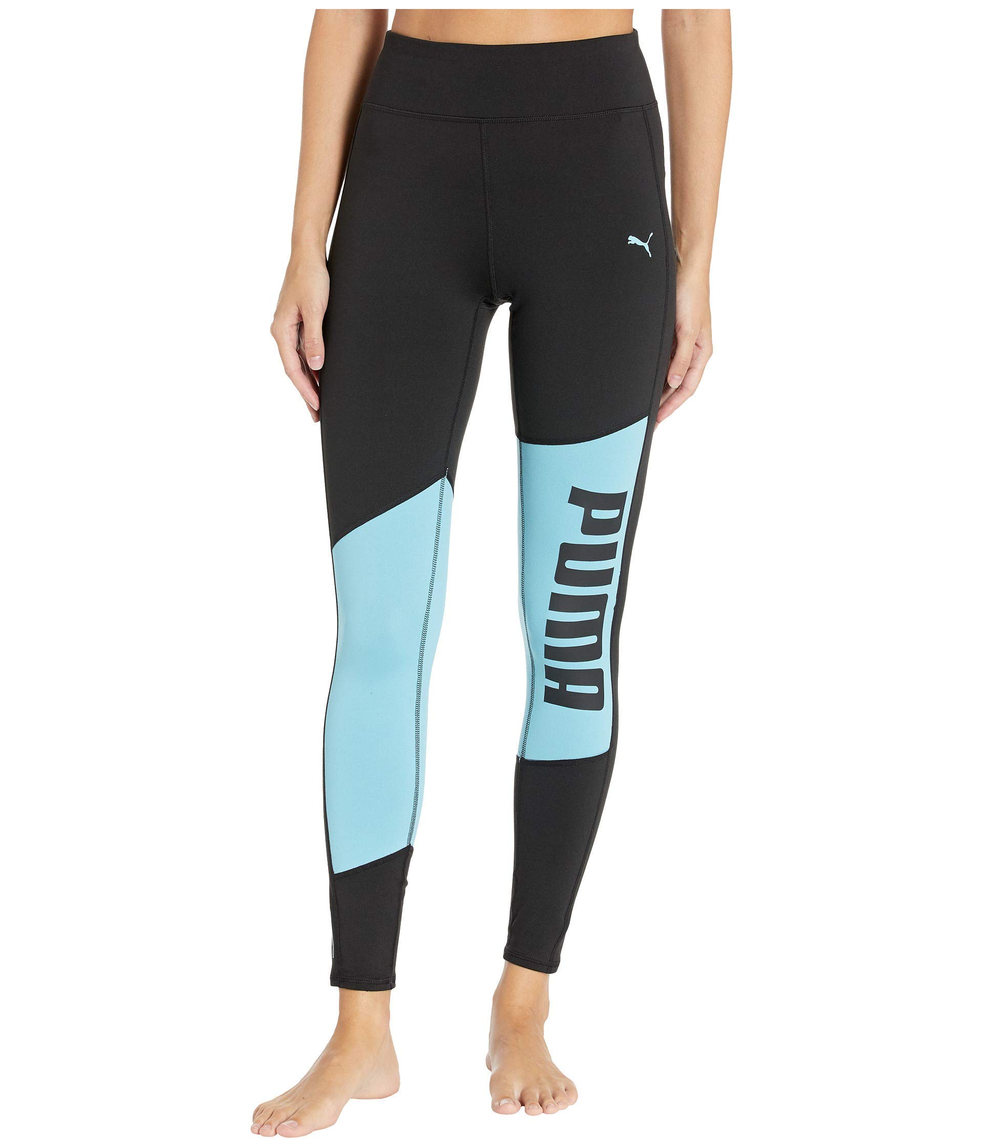 PUMA Women's Logo 7/8 Graphic Tights - Black & Milky Blue - Medium - Yoga, Running & Workout Leggings for Active Women