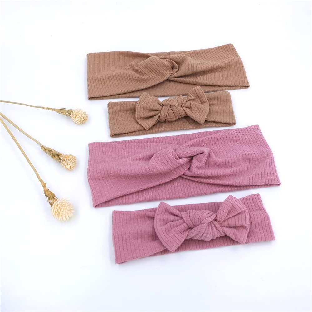 Mommy and Me Headband Set - Matching Turban Headbands for Women & Toddler Girls - Soft Scrunchies Hair Bows in Mauve & Latte - Perfect for Family Photos, Baby Showers & Mother-Daughter Outfits