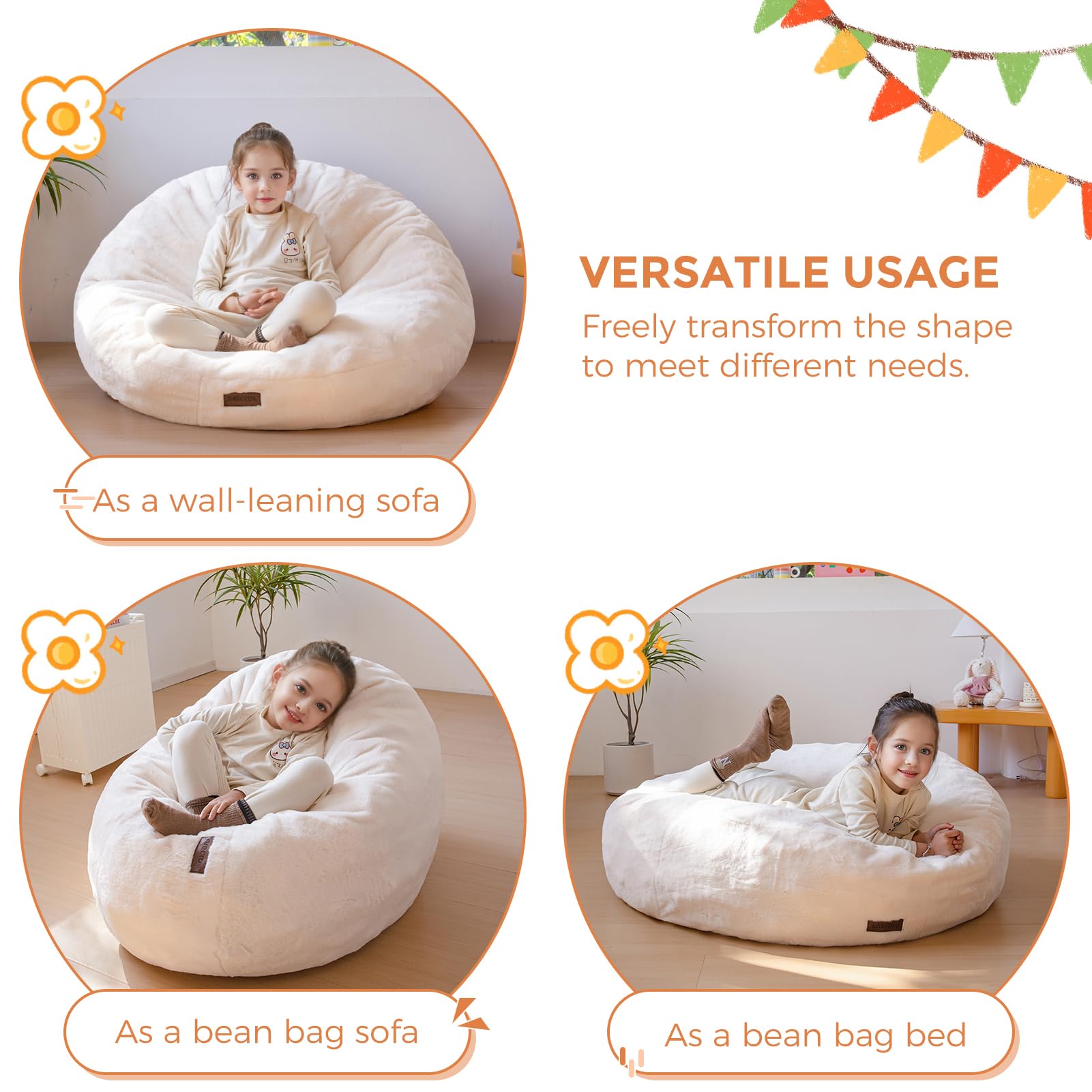 MAXYOYO 3-in-1 Kids Bean Bag Chair Bed - Convertible Faux Fur Round Floor Sofa for Children | Gaming Chair, Reading Nook & Nap Space | Soft Beige Comfort for Playroom, Bedroom & Dorm (Machine Washable)