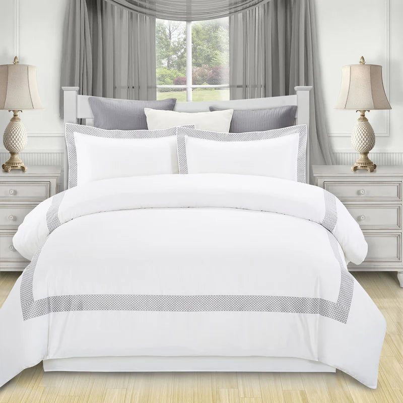Glenmont Cotton Solid Geometric Border Duvet Cover Set - Queen Size Bedding Set with Pillowcases - Modern Luxury Bedroom Decor for Home & Hotel Use