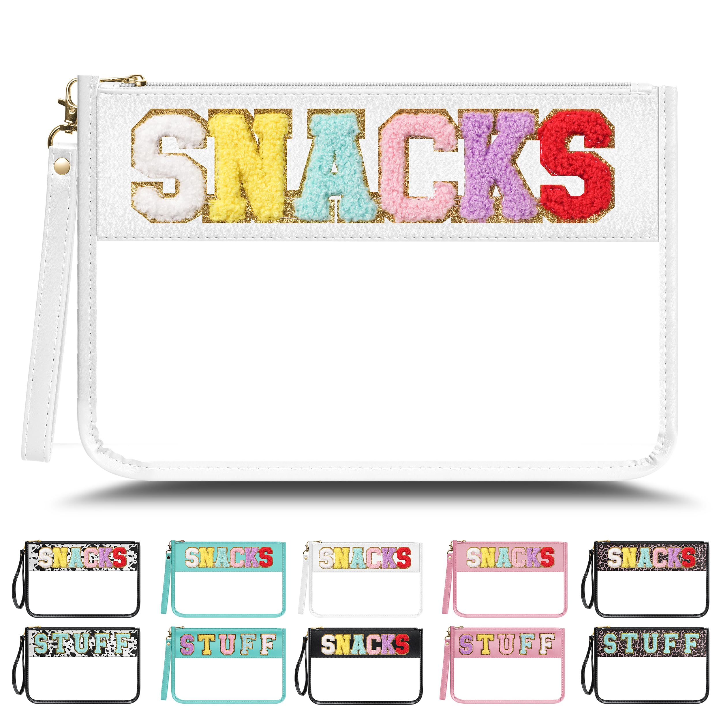 Chenille Letter Clear Zipper Pouch for Travel - Waterproof Nylon Makeup Bag | PVC Cosmetic Organizer | Snack Storage for Women & Girls | Multi-Purpose Clear Travel Accessories (White) - Perfect for Airplane, Gym, Beach & Daily Essentials