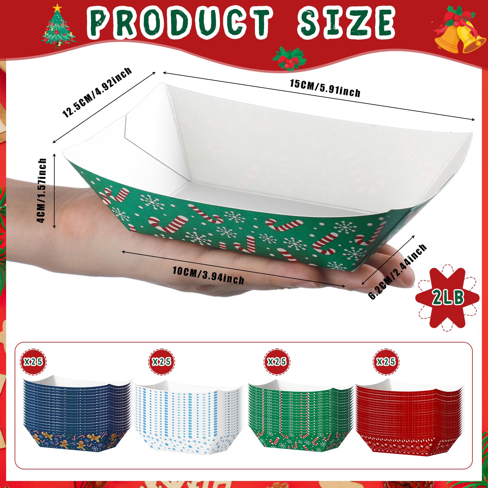 Fulmoon 100-Piece Disposable Christmas Food Serving Boats - 2Lb Paper Nacho Trays, Taco Boats & Hot Dog Containers for Holiday Parties (4 Styles) | Perfect for Christmas Buffets, Game Day Snacks & Party Appetizers