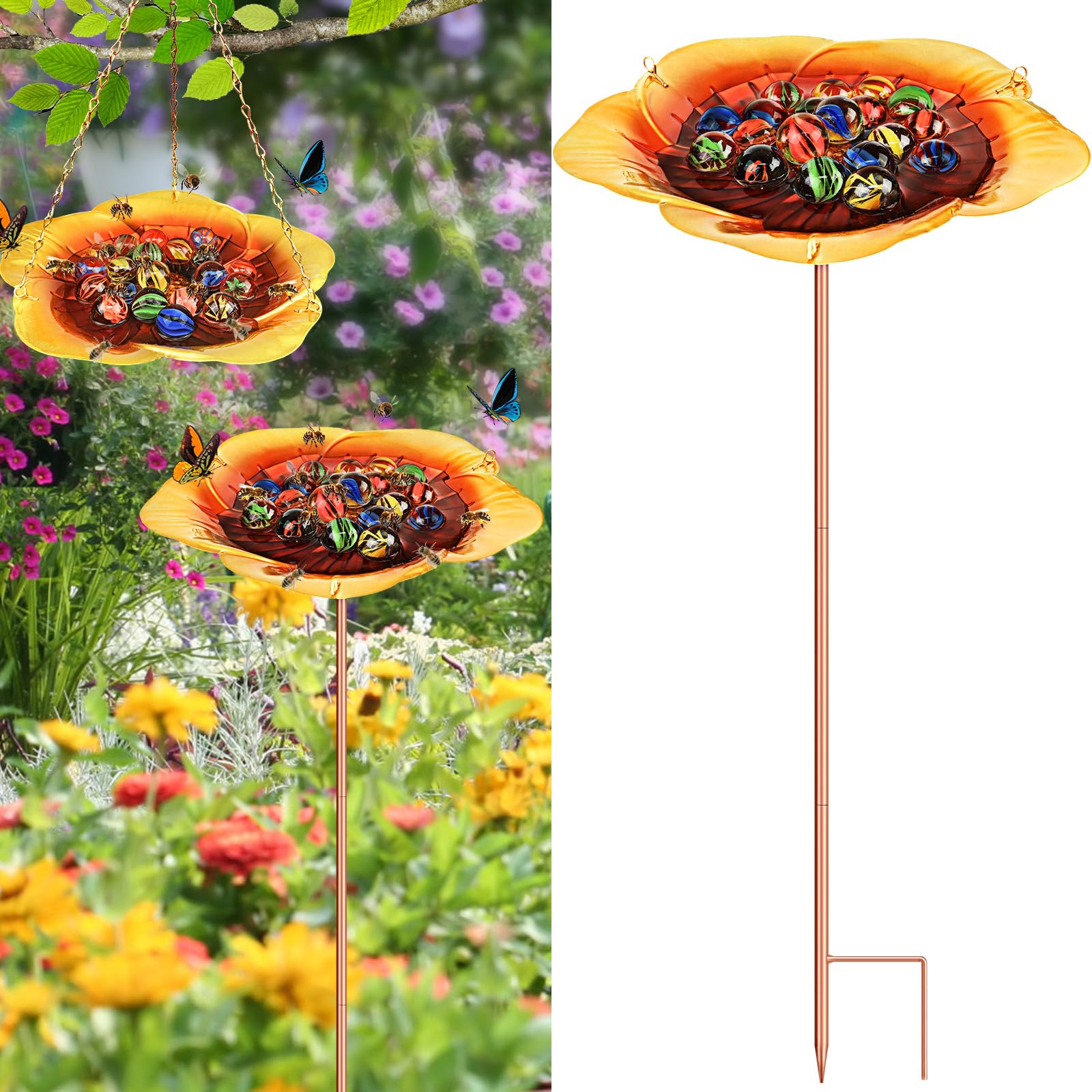Bee Watering Station for Garden - Hummingbird & Bee Feeder with 30 Glass Marbles, Multi-Function Standing & Hanging Outdoor Waterer - Attract Pollinators to Your Backyard, Patio or Flower Garden