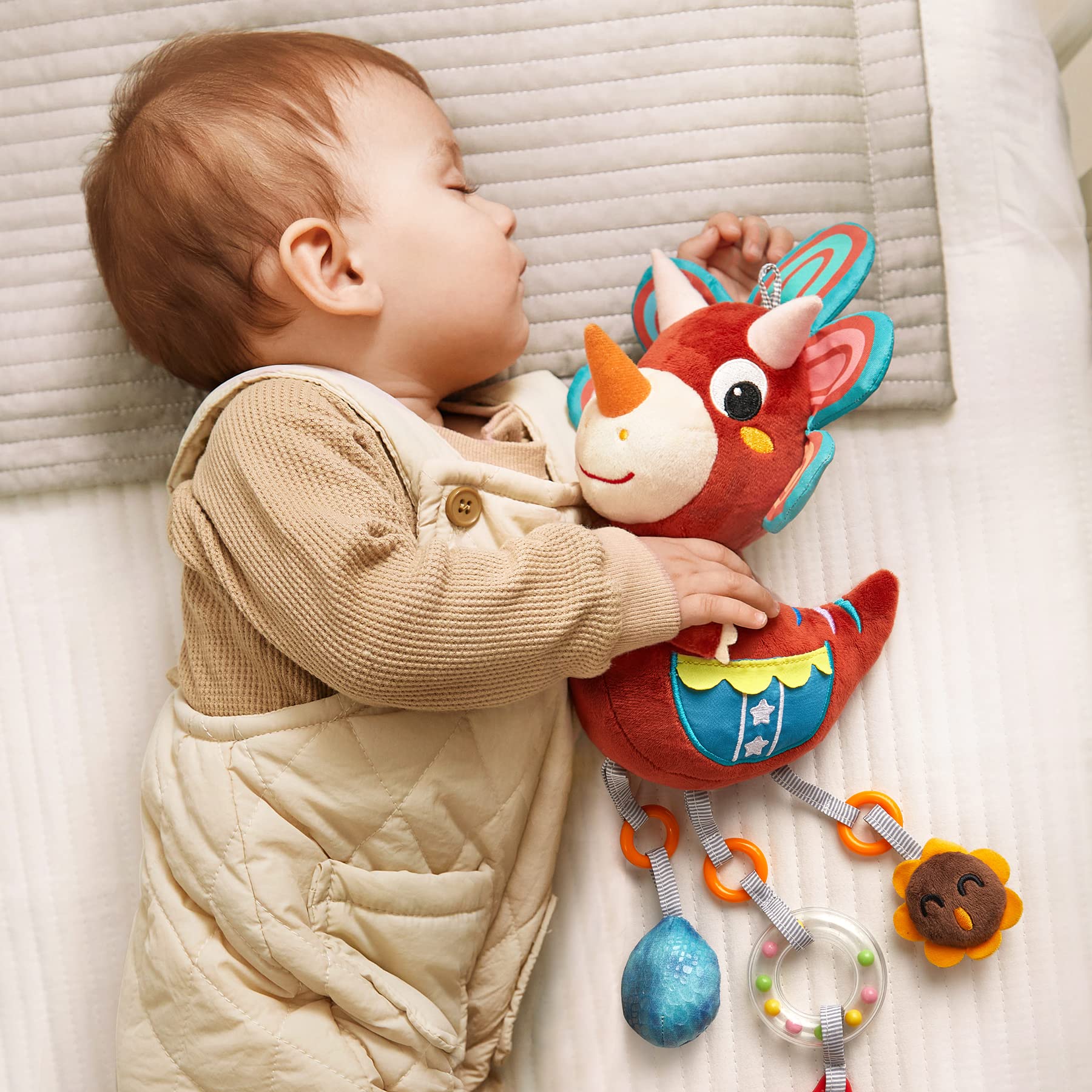 TUMAMA Baby Car Seat Toys for 3-12 Months - Dinosaur Hanging Toys with Wind Chimes, Rattle Beads & Teether - Removable Stroller, Crib & Gym Mat Mobile Plush Toys for Newborn Boys & Girls - Perfect for Travel, Playtime & Sensory Development