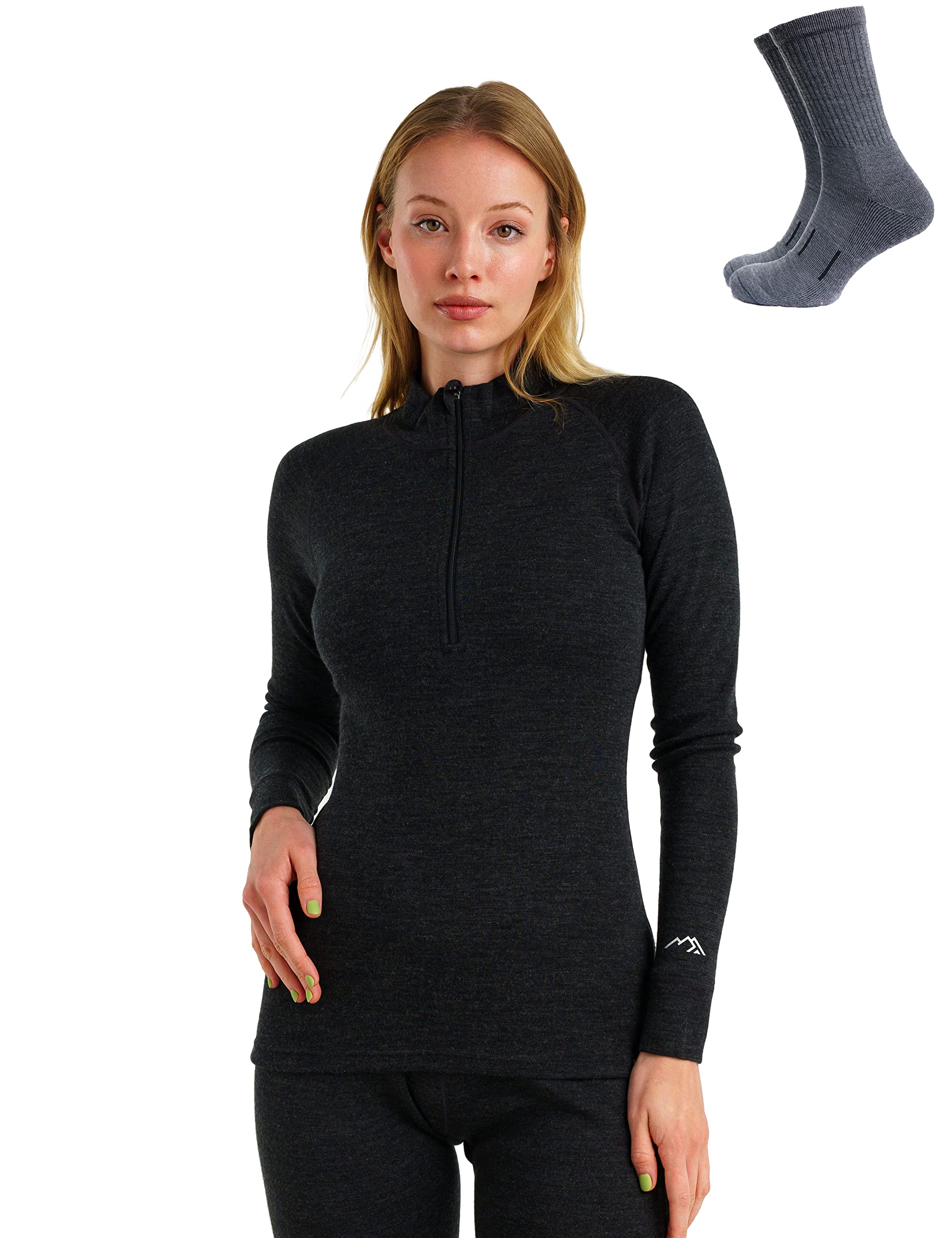 100% Merino Wool Base Layer for Women - Lightweight, Midweight & Heavyweight Thermal Half Zip Sweater with Socks | Hiking, Skiing & Winter Outdoor Activities