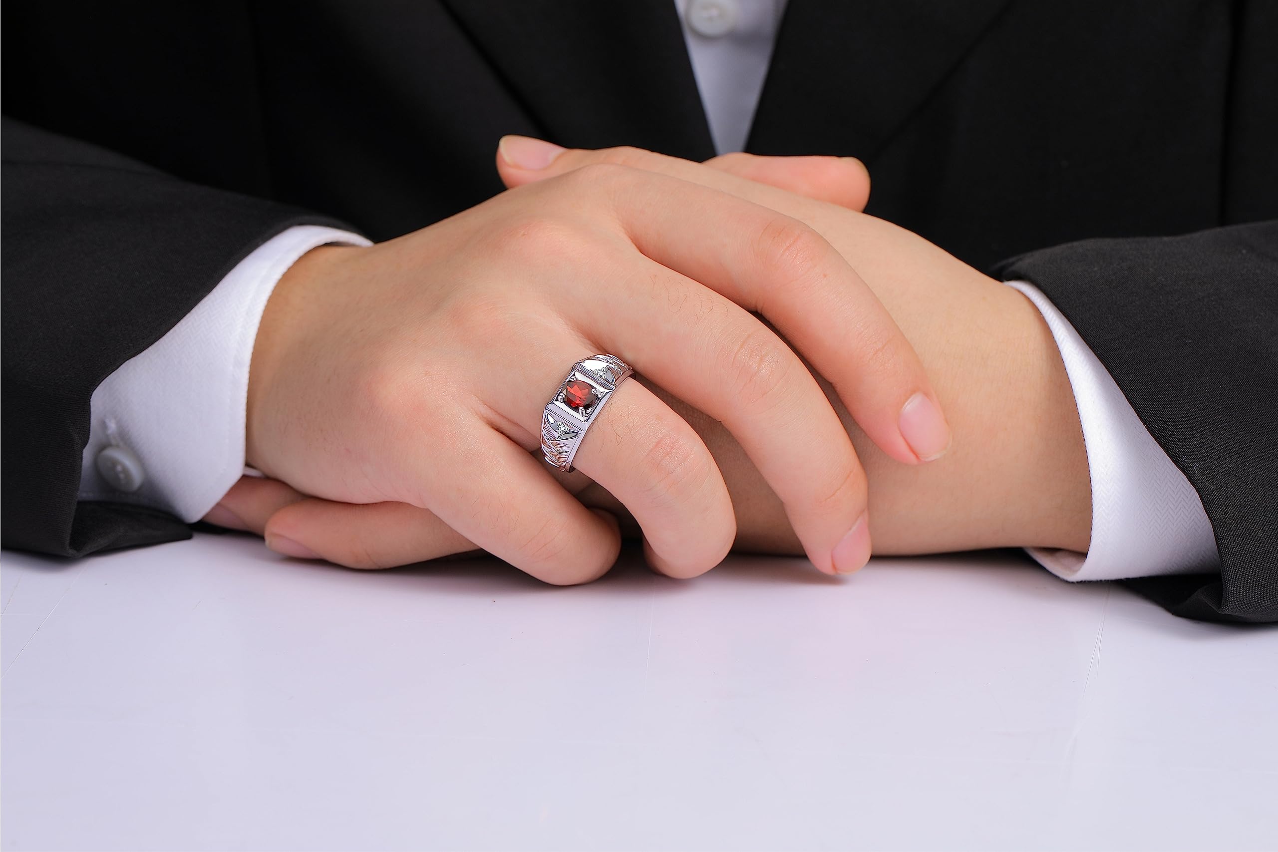 Rylos Men's Designer Weave Band 7X5MM Oval Gemstone & Diamond Ring - Sterling Silver Birthstone Rings for Men (Sizes 8-13) - Unique Handmade Jewelry for Weddings, Anniversaries & Gifts