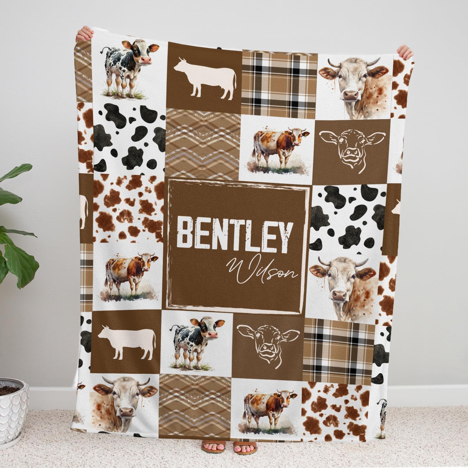 Personalized Cow Print Baby Blanket for Boys & Girls - Custom Name Western Cowboy Swaddle Blanket for Crib, Stroller, Travel & Bed - Perfect for Nursery, Gift & Photo Shoots