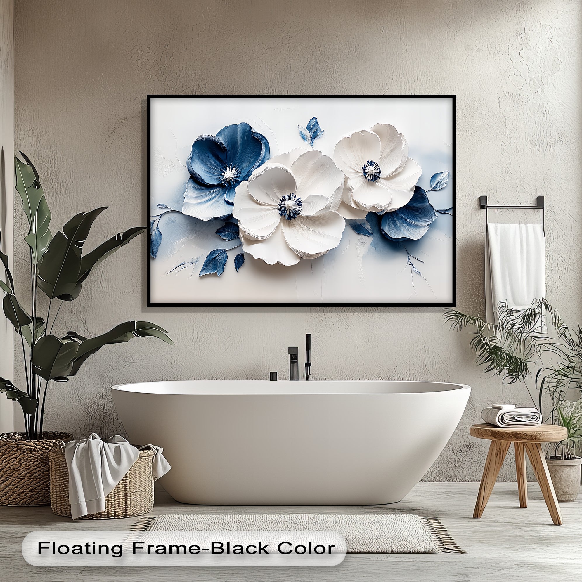 Blue Serenity Blooms Floral Canvas Wall Art - Navy & White Botanical Painting for Living Room, Bedroom Decor | Home & Office Wall Hanging
