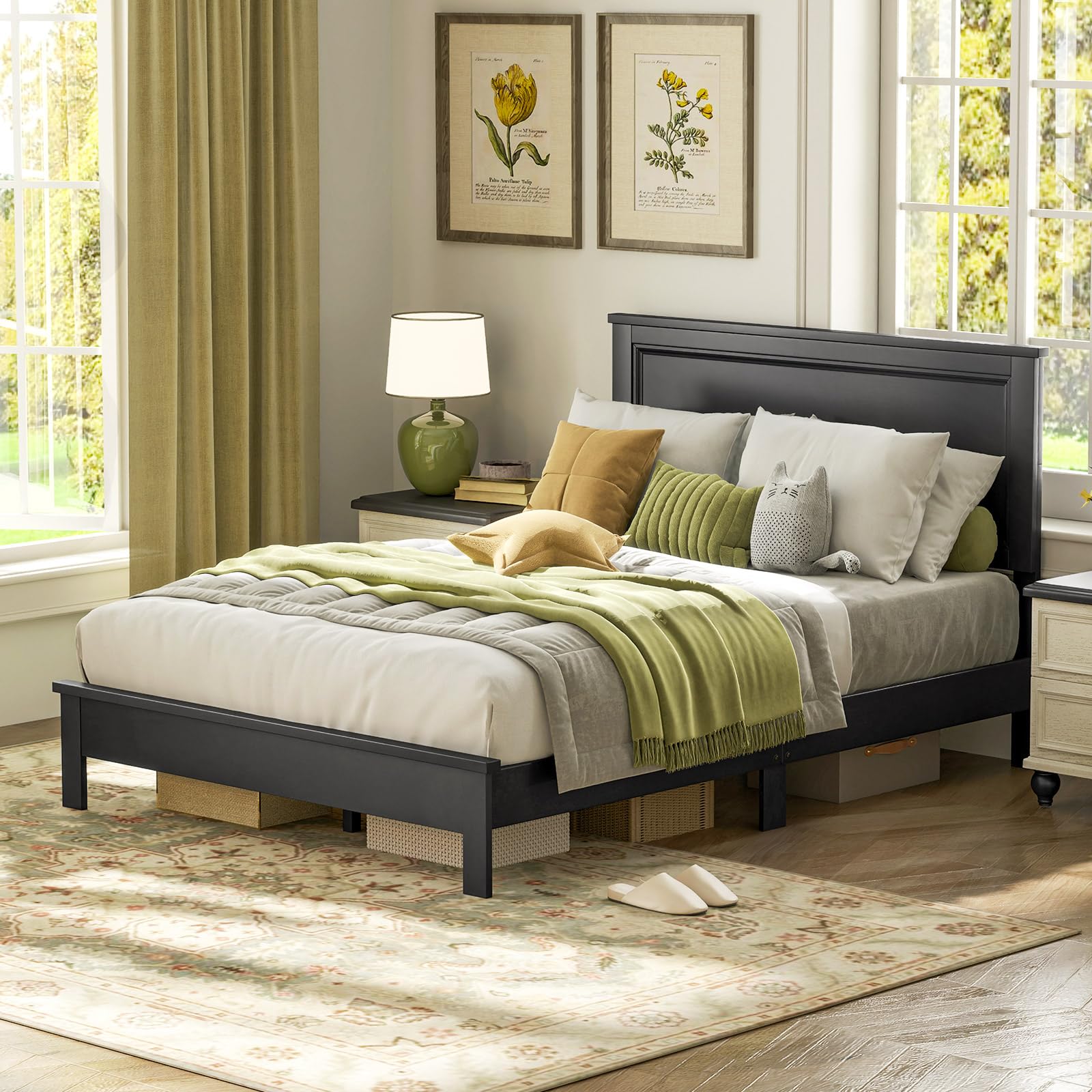 Giantex Full Platform Bed Frame with Headboard - Solid Wood Legs & Wooden Slat Support, Mid Century Modern Style, Easy Assembly, 500 lbs Weight Capacity, Black - Perfect for Master Bedroom, Guest Room & Small Space Living