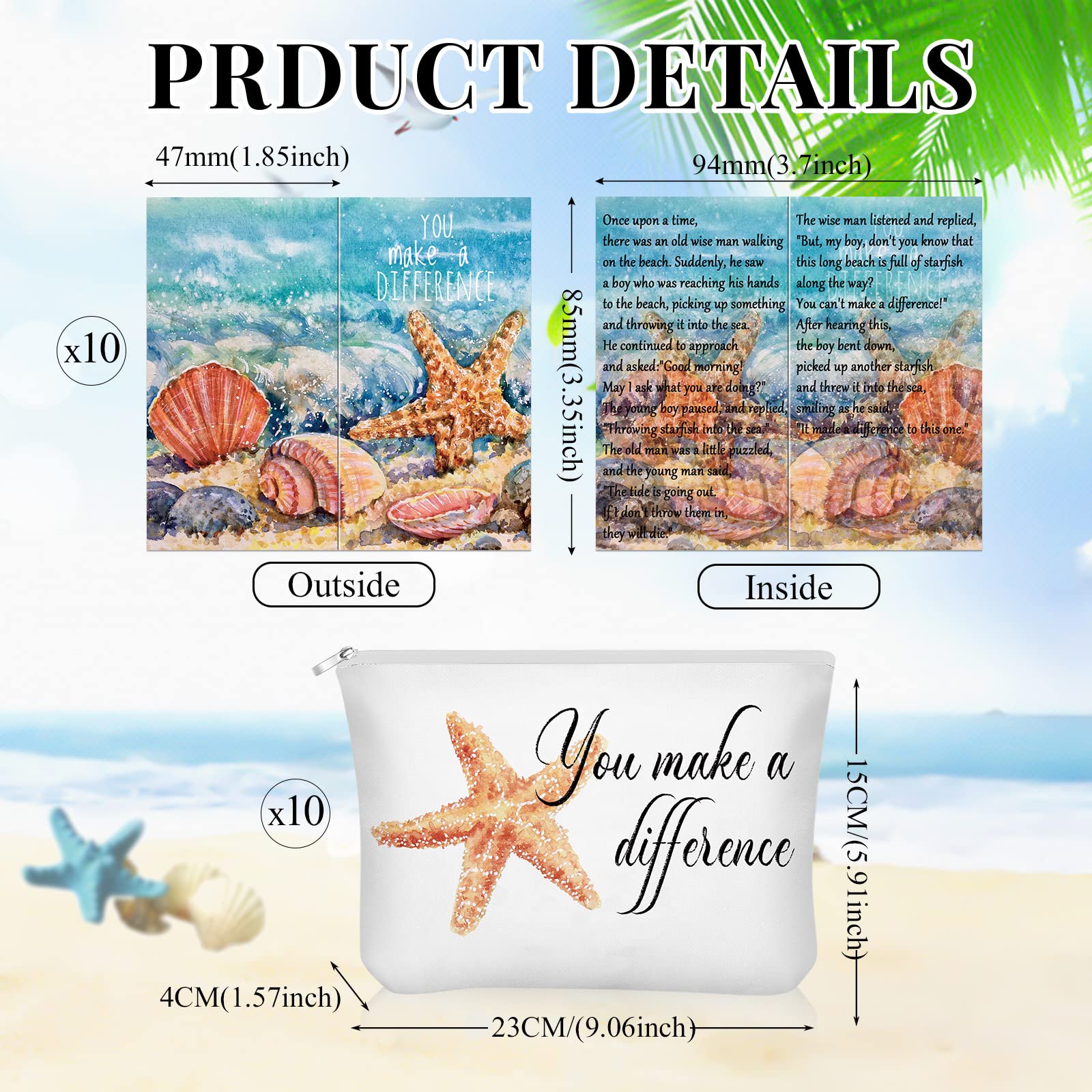 10 Pcs Inspirational Cosmetic Bags with Motivational Poem Cards - Starfish Design Zippered Canvas Makeup Pouch for Women, Employees, Teachers, Nurses - Perfect Appreciation Gifts for Graduation, Birthday, Thank You, Retirement