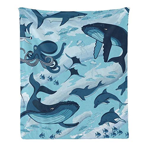 Custom Kids Fleece Blanket with Marine Animals - Personalized Dolphin & Whale Design, Soft Baby Throw Blanket for Bed (30