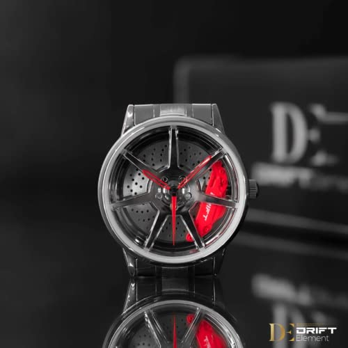DriftElement Men's Motorsport Watch - Stainless Steel 3D Rim Design, Mineral Glass, Quartz Movement (Silver-Red) | Perfect for Racing Enthusiasts & Stylish Everyday Wear
