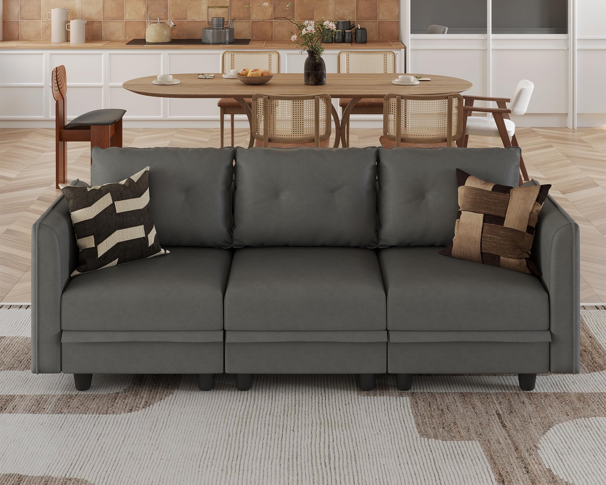 LLappuil 3-Seater Faux Leather Modular Sectional Sofa with Storage Seat - Modern Dark Grey Living Room Couch for Small Spaces & Apartments - Perfect for Studio Living Rooms, Home Theaters, and Cozy Family Gatherings