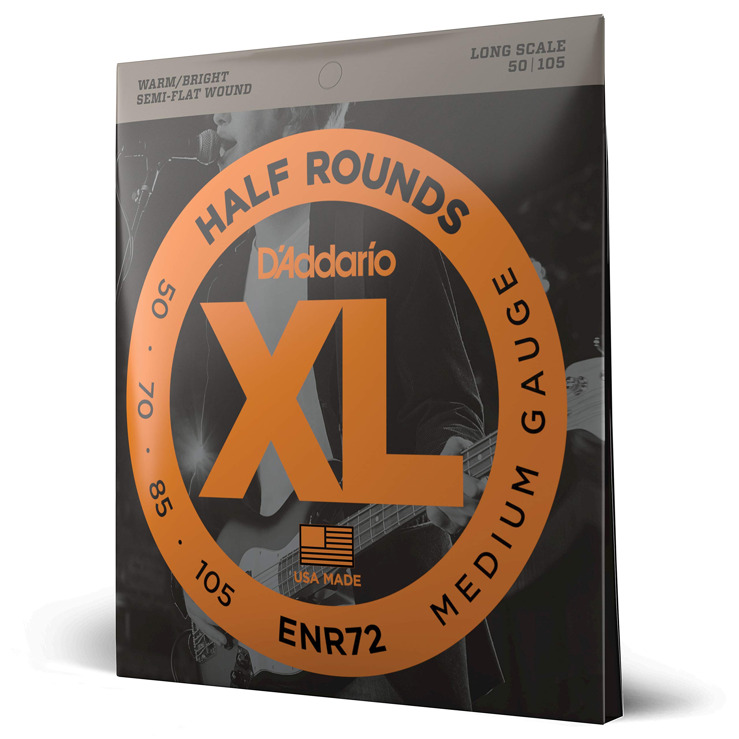 D'Addario XL Nickel Half Round Bass Guitar Strings ENR72 - Long Scale, Medium Gauge 50-105, 4-String Set (Pack of 1) - Perfect for Jazz, Blues & Studio Recording