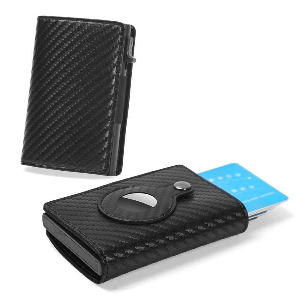 RFID Blocking Leather Wallet for Men with AirTag Holder - Slim Pop-Up Credit Card & Money Organizer - Pocket-Sized Carbon Fiber Wallet (Black) - Perfect for Travel, Business & Everyday Use