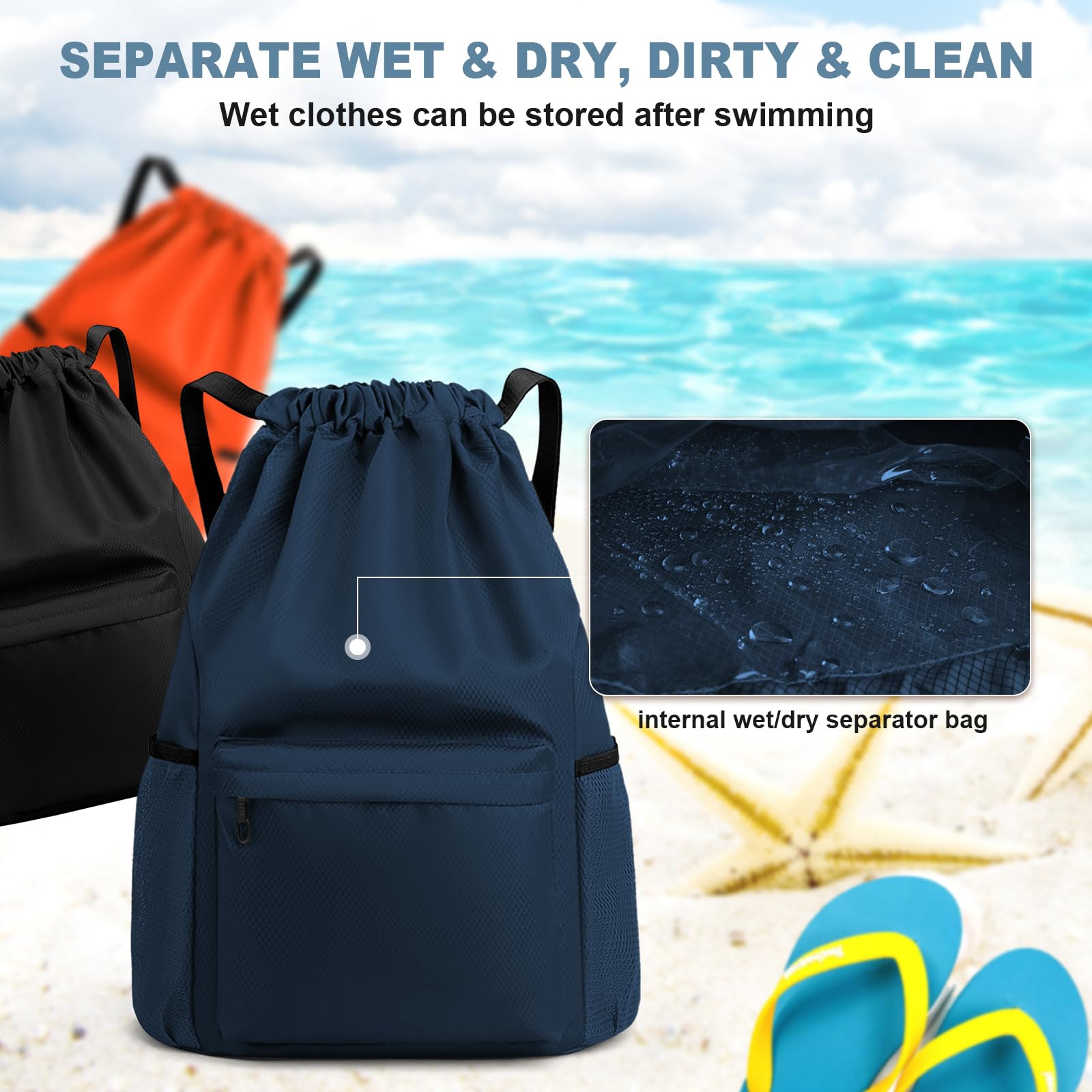**Lightweight Drawstring Backpack for Gym & Sports - Small Water-Resistant Sackpack with Wet/Dry Compartment - Basketball, Swim & Soccer Essentials Bag for Men & Women (Navy Blue, Size L) - Perfect for Workouts, Travel & Outdoor Activities**