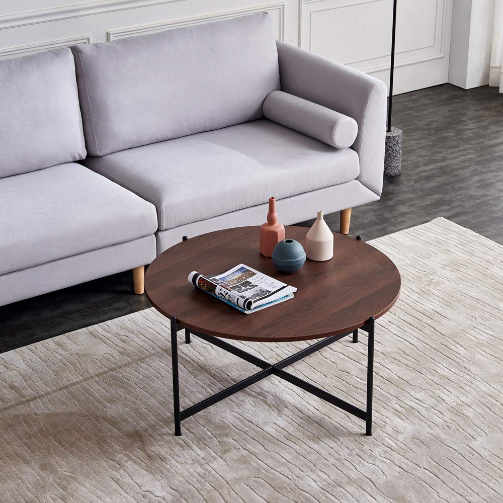 Modern Round Coffee Table - Black Metal Frame & Walnut Top for Living Room Decor