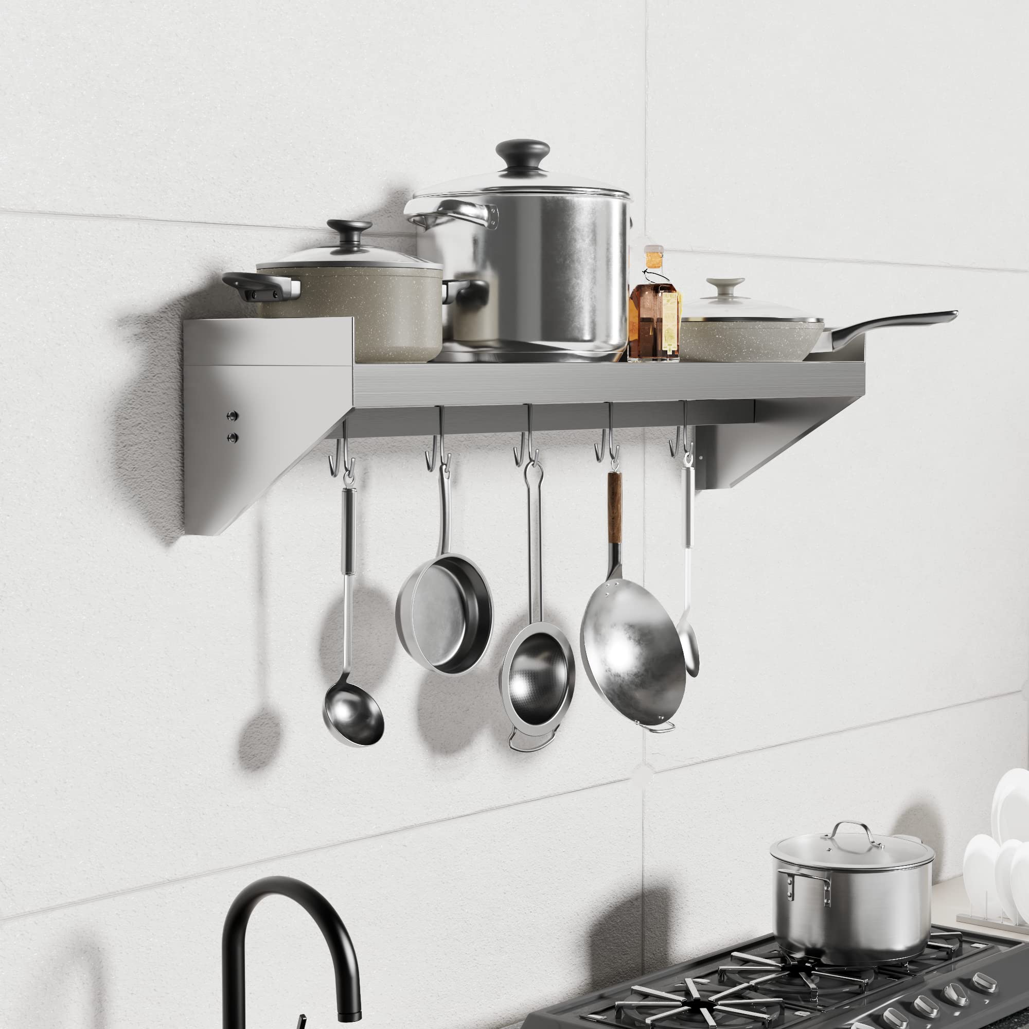 Stainless Steel Wall Shelf 36x14 Inch - Heavy Duty Metal Floating Shelf with 5 Hooks for Kitchen, Bathroom, Laundry Room - Wall Mounted Storage Rack for Pots, Spices, Towels - Perfect for Home, Restaurant, Bar & Food Truck Organization