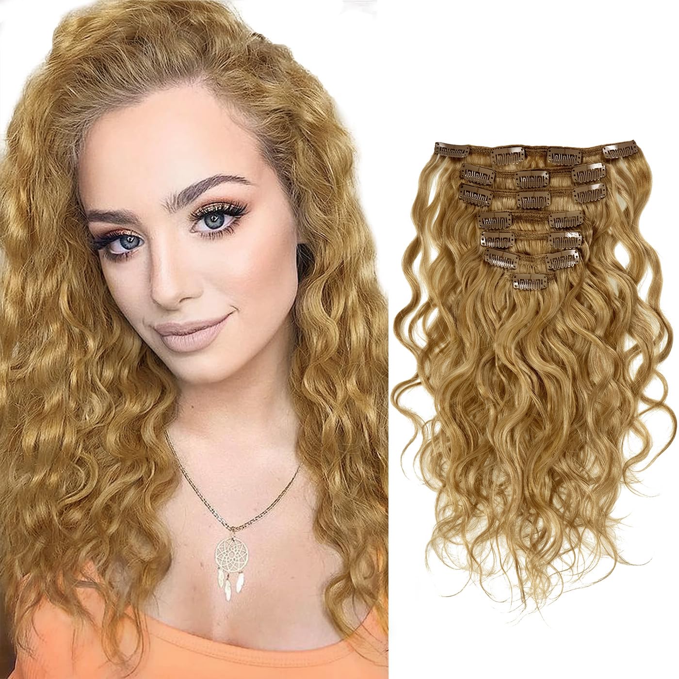 18-Inch Honey Blonde Human Hair Extensions - Curly Clip-In Remy Hair with Natural Waves | Double Weft 120g Thick Hair Extensions for Women (7-Piece Set #27) | Perfect for Parties, Weddings & Daily Styling