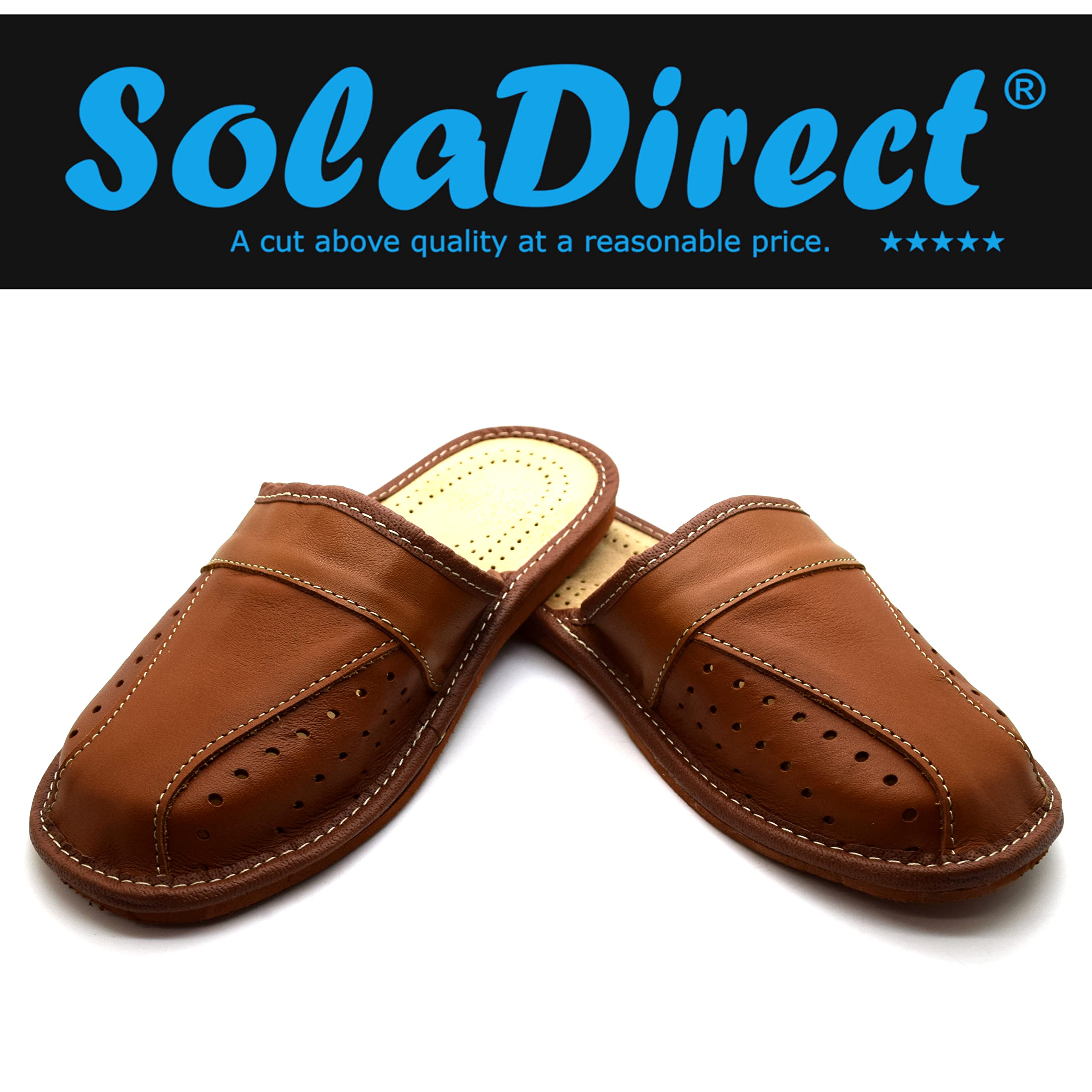 SolaDirect Men's Natural Leather Slippers - Comfortable Closed Toe Slip-On Mules for Indoor & Outdoor Use - Perfect House Shoes, Lounge Sandals for Relaxing at Home or Quick Errands