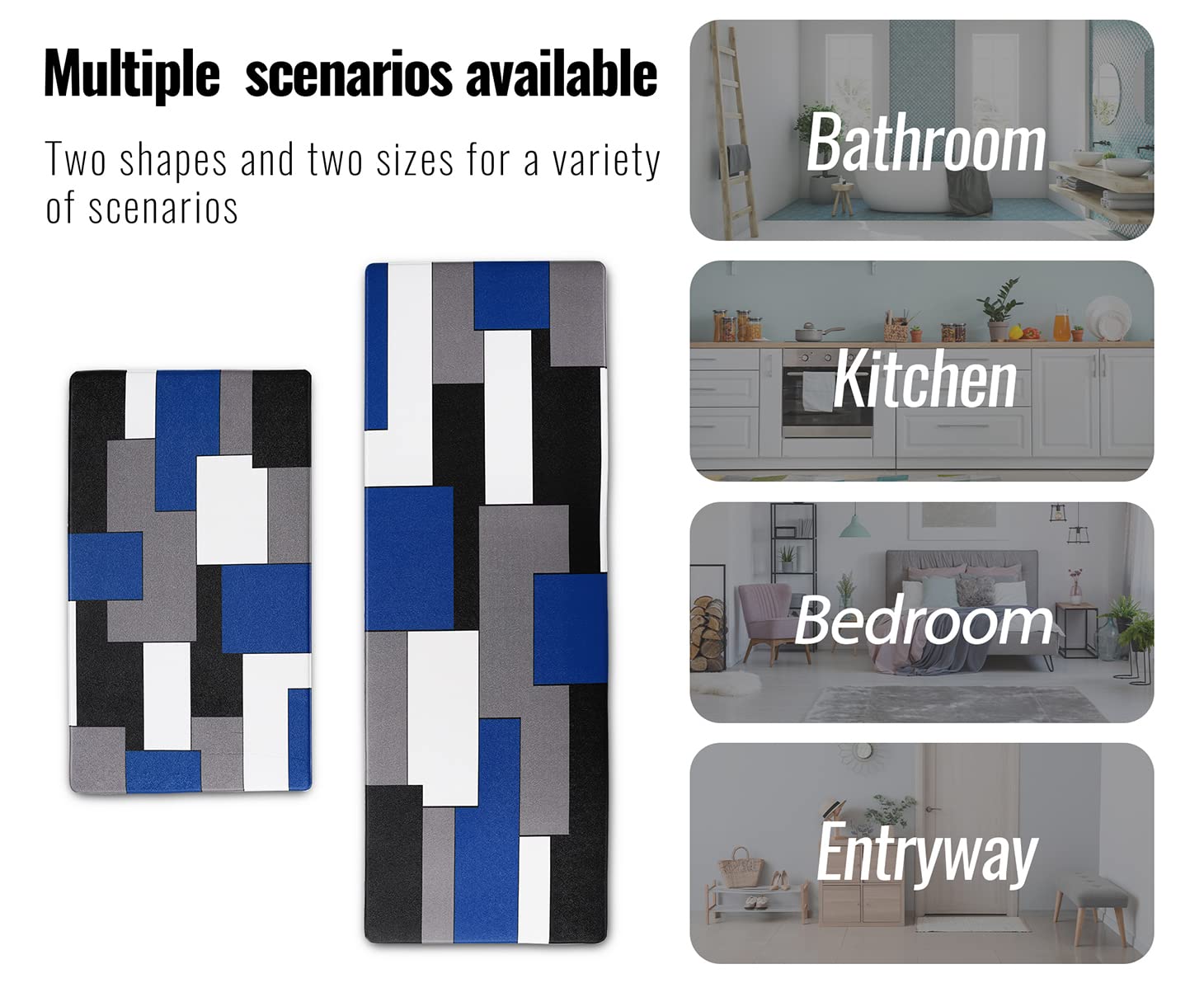 AILUER Non-Slip Kitchen Rugs Set of 2 - Blue & Black Geometric Design Cushioned Floor Mats for Kitchen, Laundry Room - 17.5