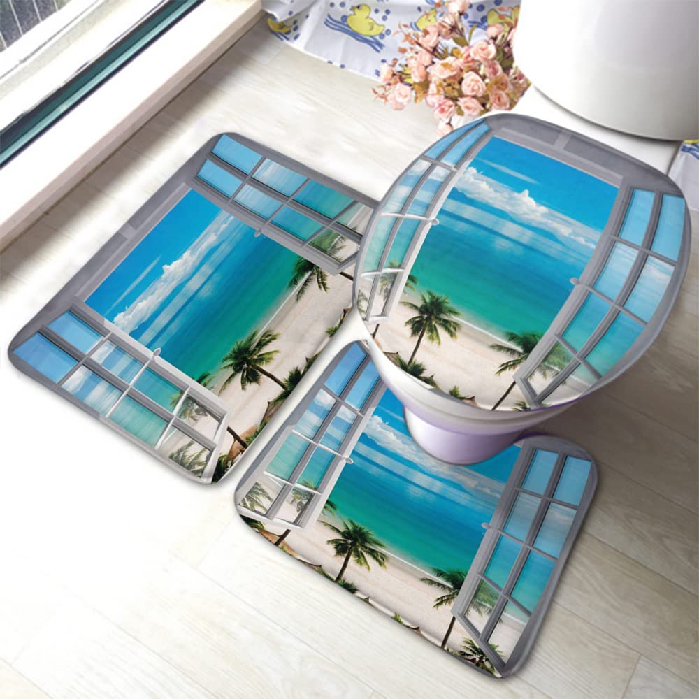 Zaueky Seascape 3-Piece Non-Slip Bathroom Rug Set - Blue Ocean View Decor with Rubber Backing, U-Shaped Contour Mat & Toilet Lid Cover | Soft & Absorbent for Bath, Shower & Vanity Areas