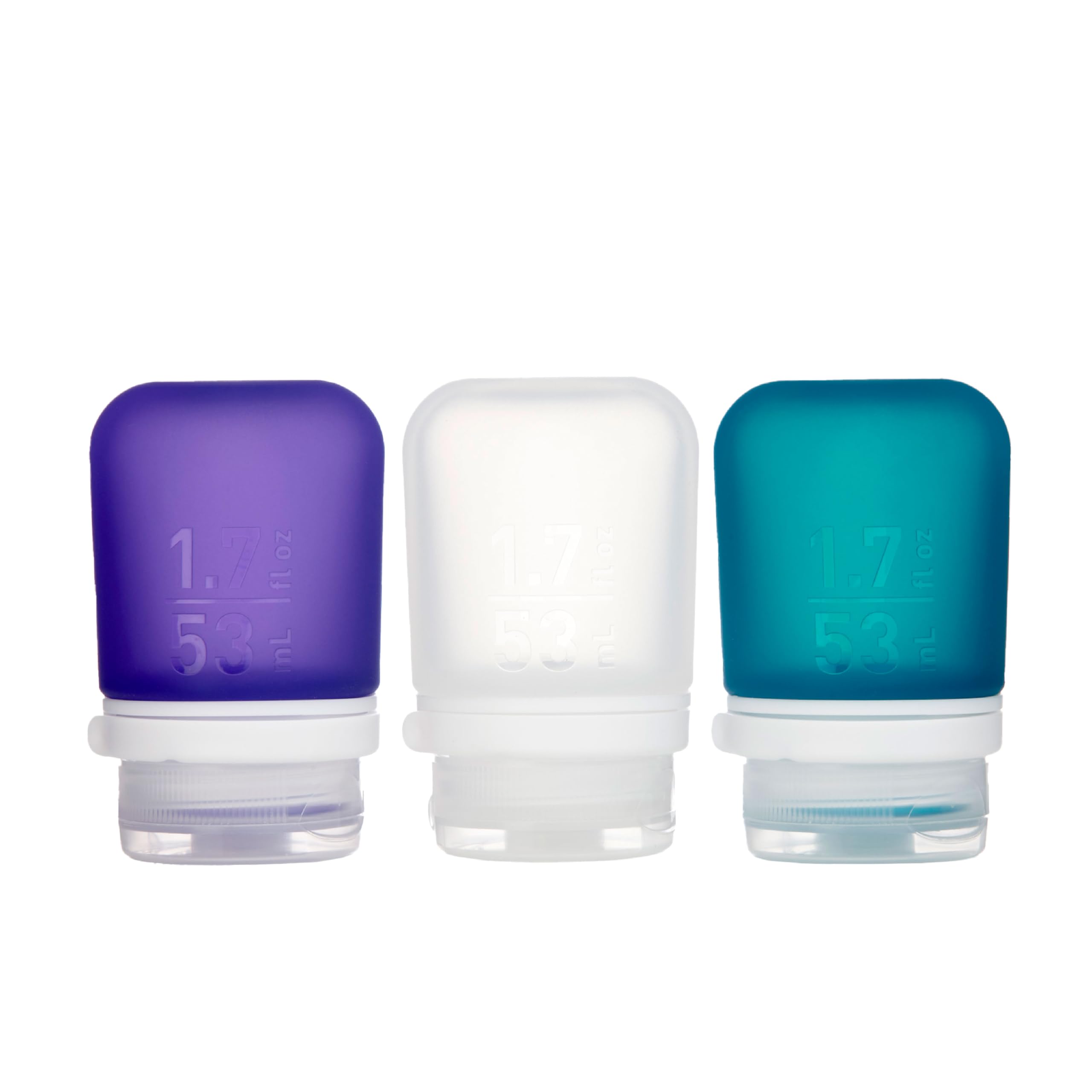 humangear GoToob+ Refillable Silicone Travel Bottles with Locking Cap - 3 Pack (1.7 fl.oz/53ml Each) - Clear, Purple & Teal for Toiletries, Cosmetics & Liquids - Perfect for Air Travel, Gym & Camping