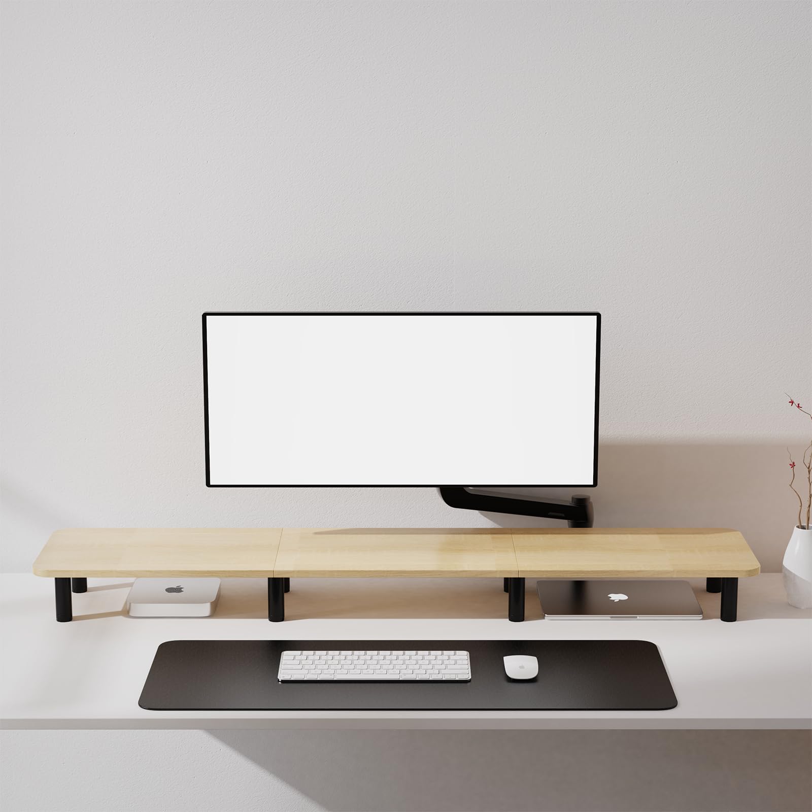 WEGASTU 43.7 Inch Extra Long Dual Monitor Stand Riser - Adjustable Height Wood & Steel TV Stand for 2 Monitors - Wide Desktop Organizer for Home Office Setup (Natural Finish) - Perfect for Multi-Screen Workstations and Ergonomic Workspaces